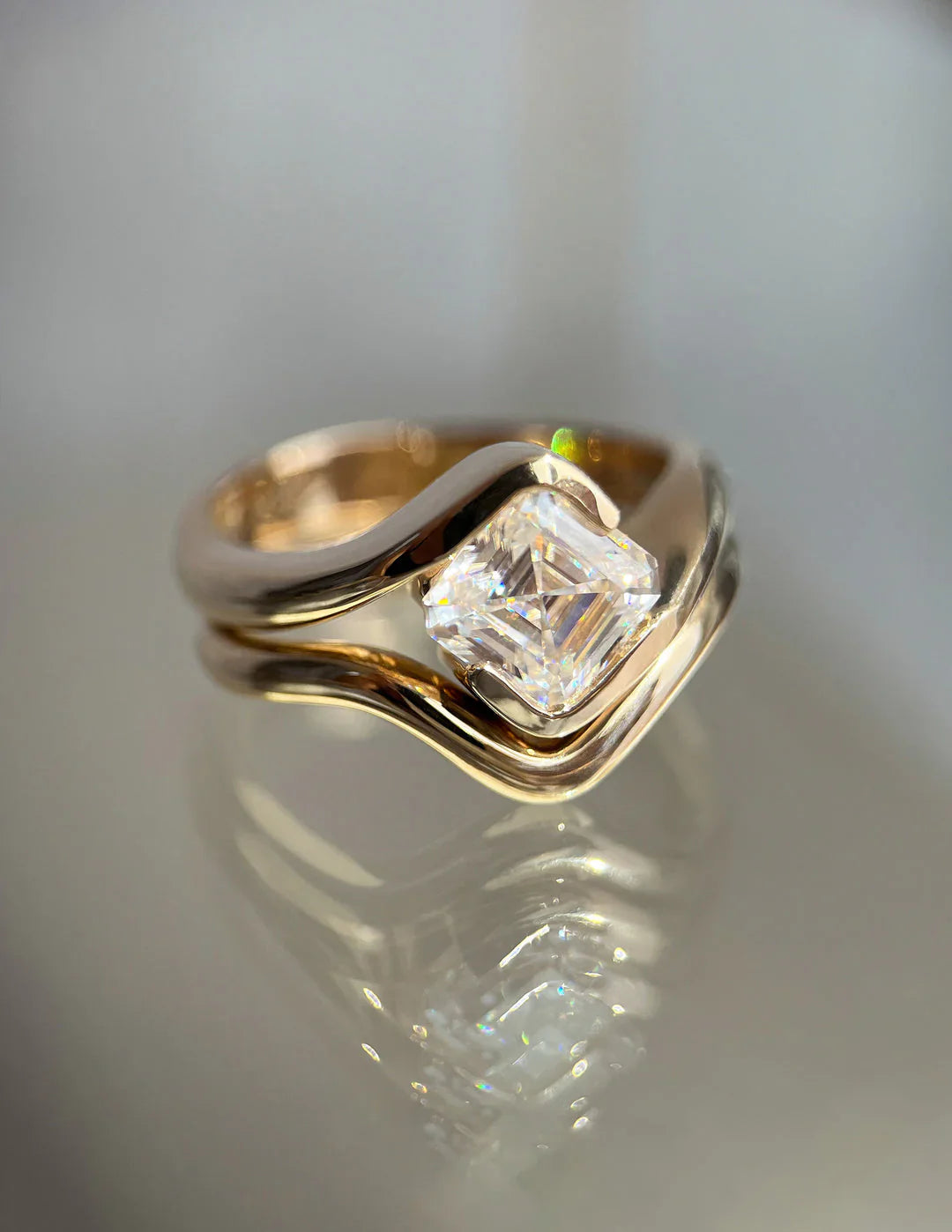 2.0CT Half Bezel Set Asscher Lab Grown Diamond Unique Ring With Band