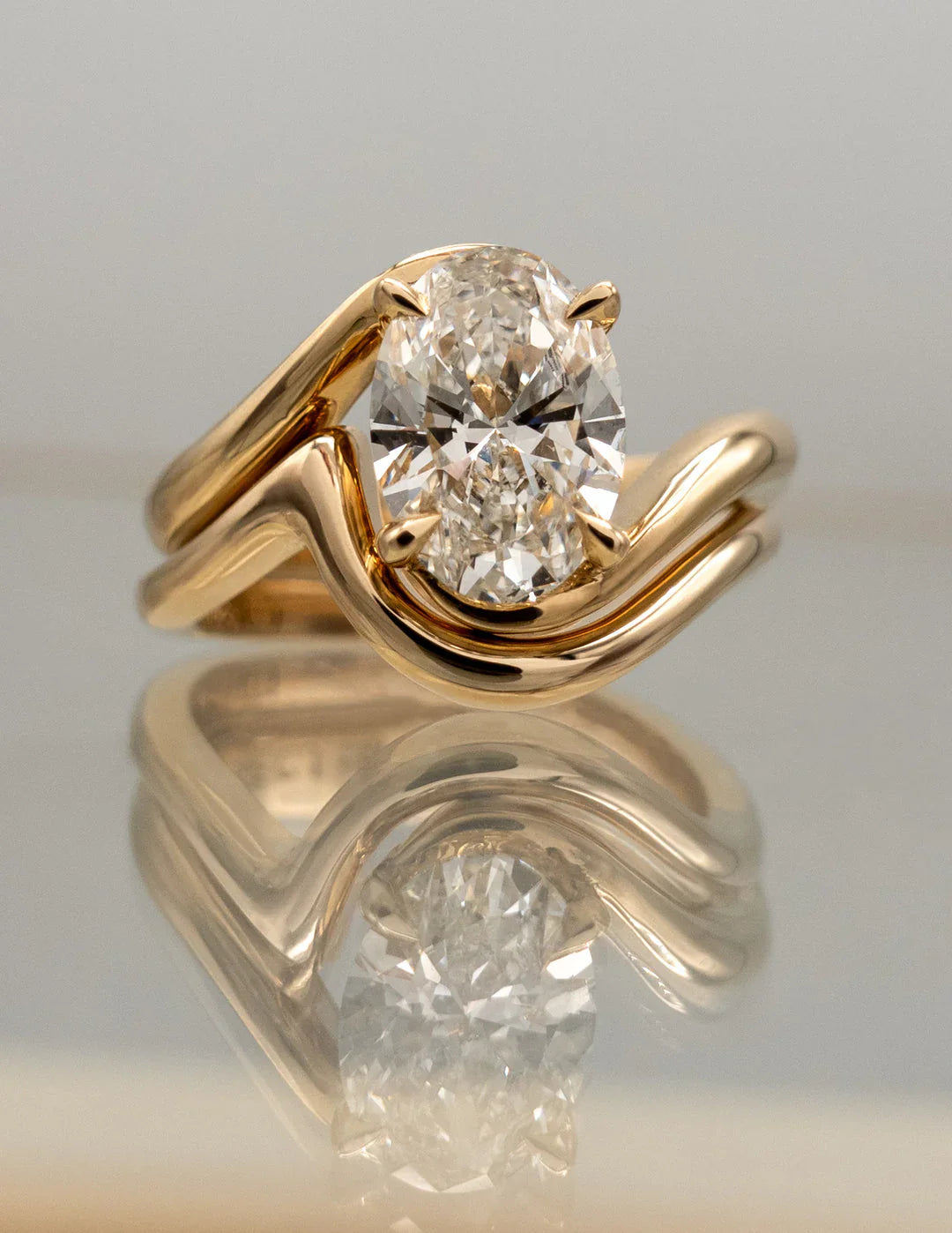 2.0CT Oval Lab Grown Diamond Unique Ring With Matching Curved Band