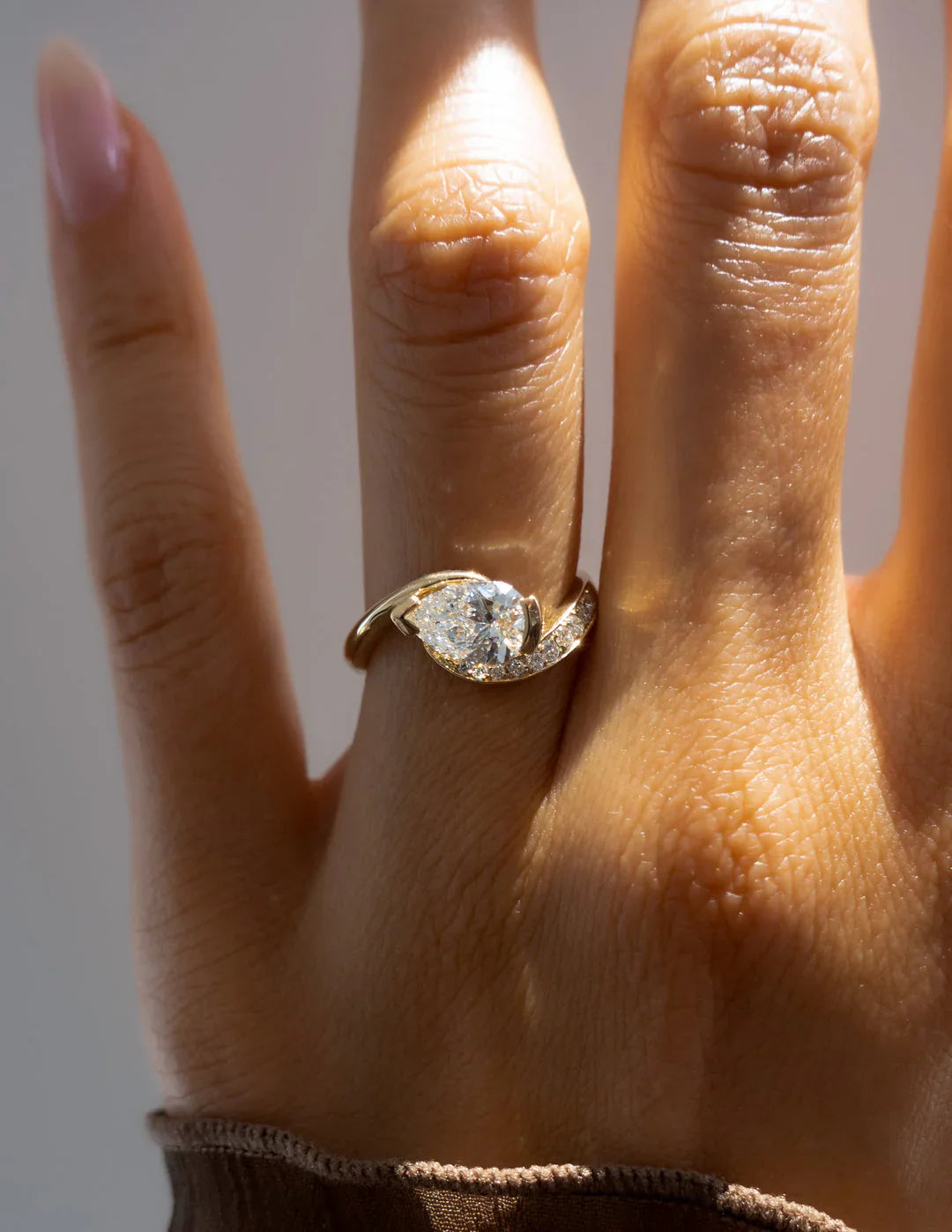 1.0CT Half Bezel Set Pear Lab Grown Diamond Unique Ring With Band