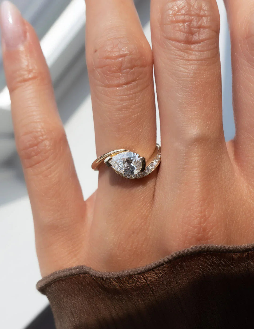 1.0CT Half Bezel Set Pear Lab Grown Diamond Unique Ring With Band