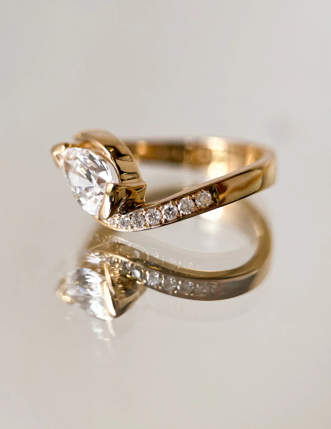 1.0CT Half Bezel Set Pear Lab Grown Diamond Unique Ring With Band