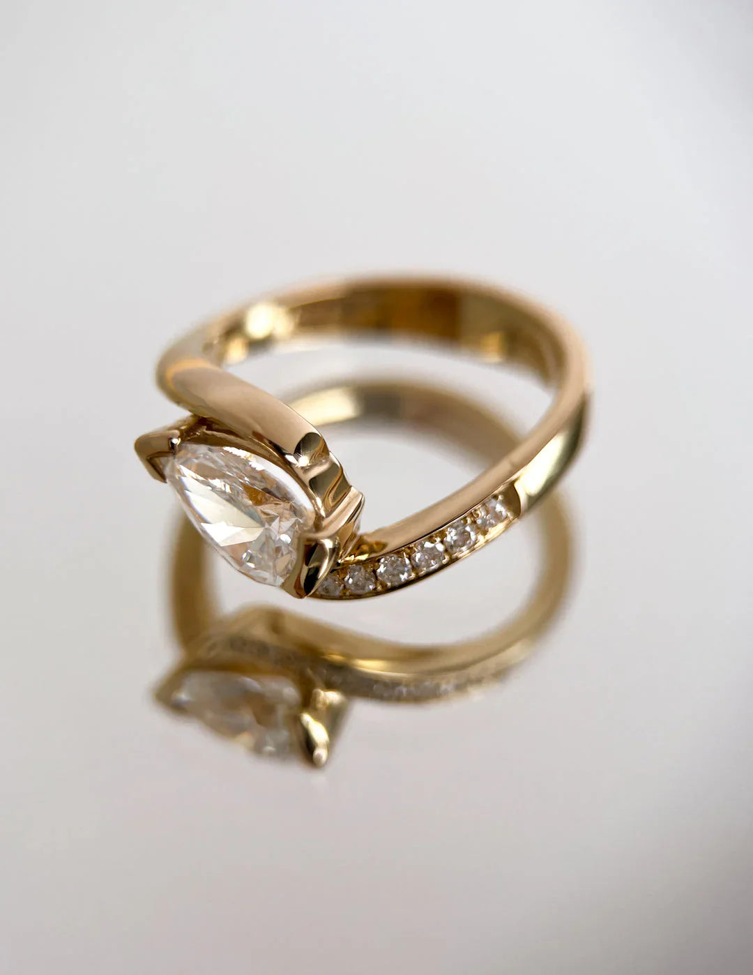 1.0CT Half Bezel Set Pear Lab Grown Diamond Unique Ring With Band