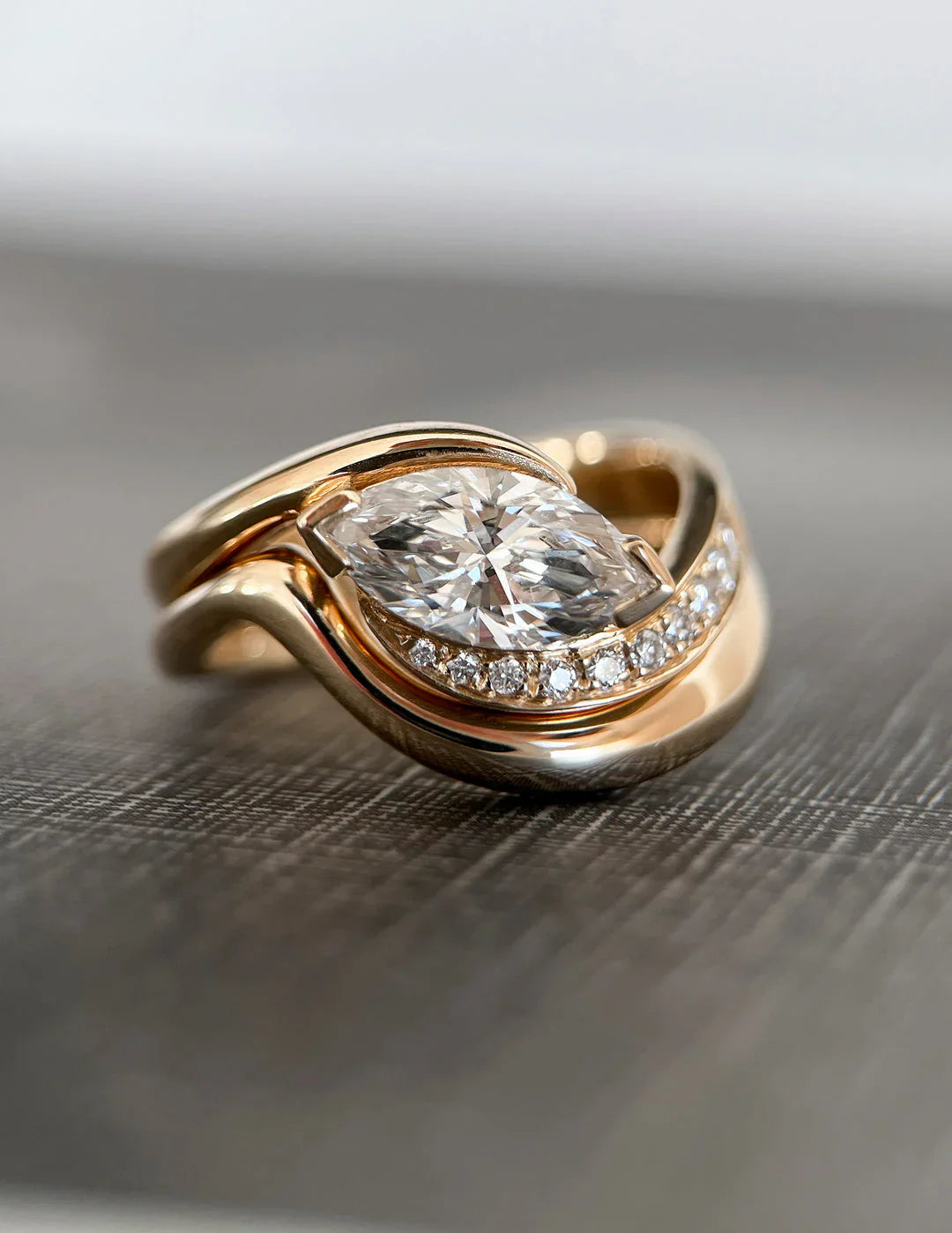 1.0CT Half Bezel Set Marquise Lab Grown Diamond Unique Ring With Band