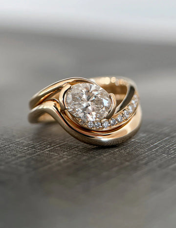 1.0CT Half Bezel Set Oval Lab Grown Diamond Unique Ring With Band