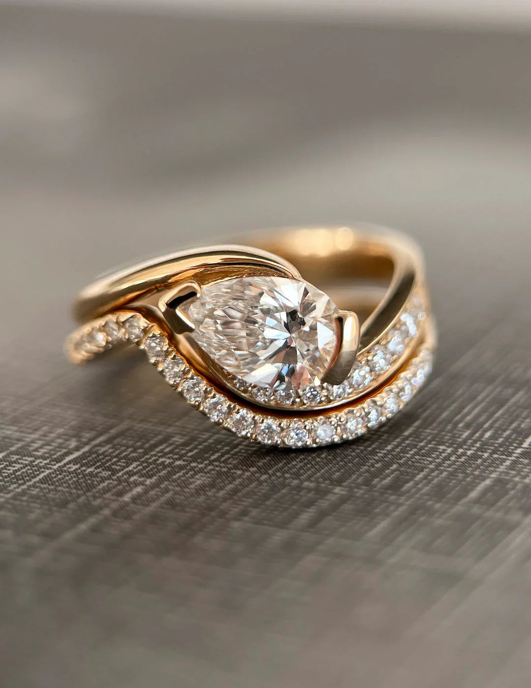 1.0CT Pear Lab Grown Diamond By Pass Unique Ring With Band