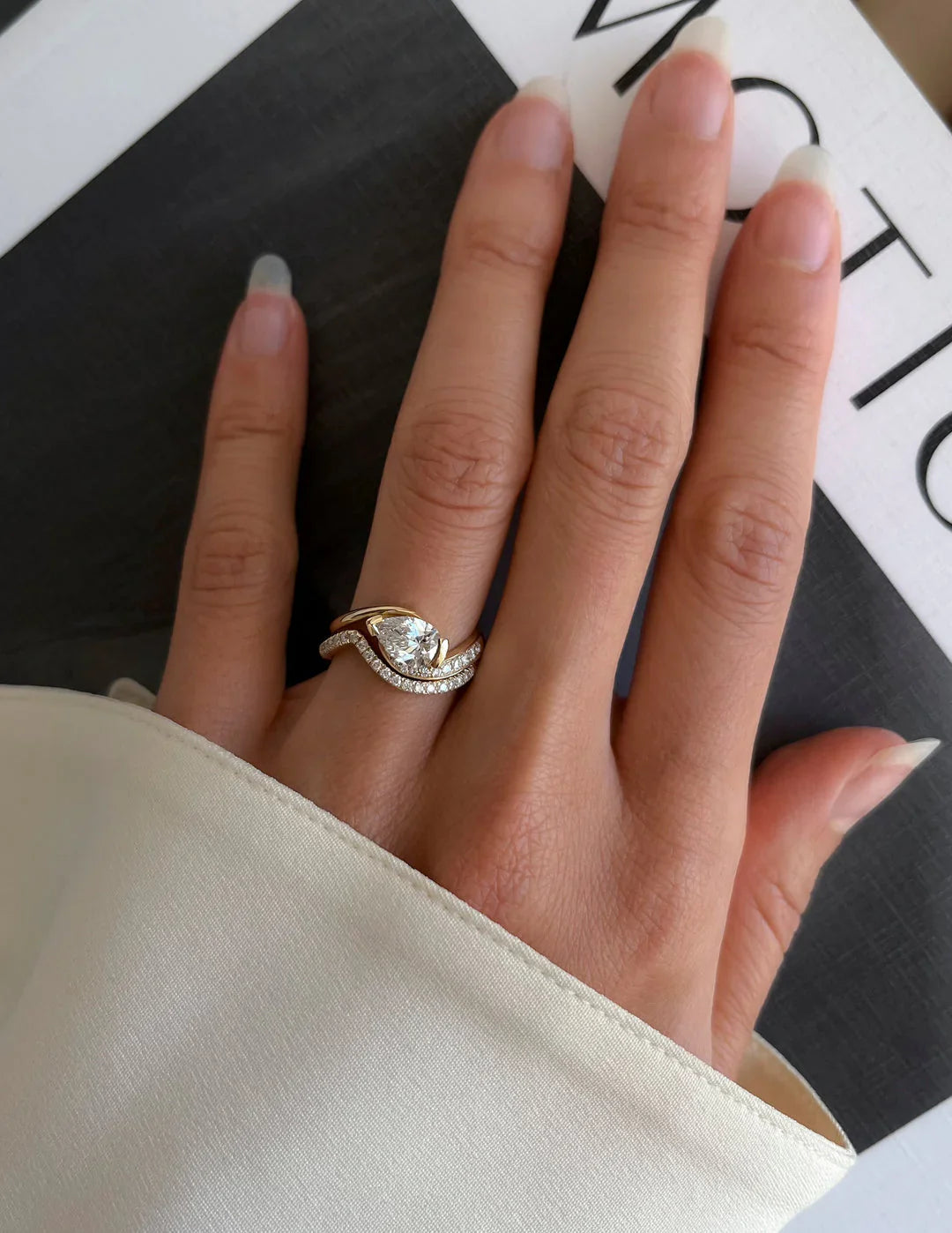 1.0CT Pear Lab Grown Diamond By Pass Unique Ring With Band