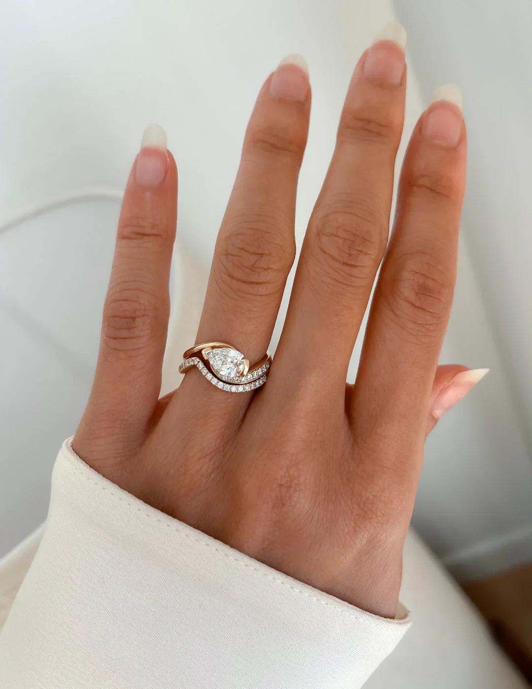 1.0CT Pear Lab Grown Diamond By Pass Unique Ring With Band
