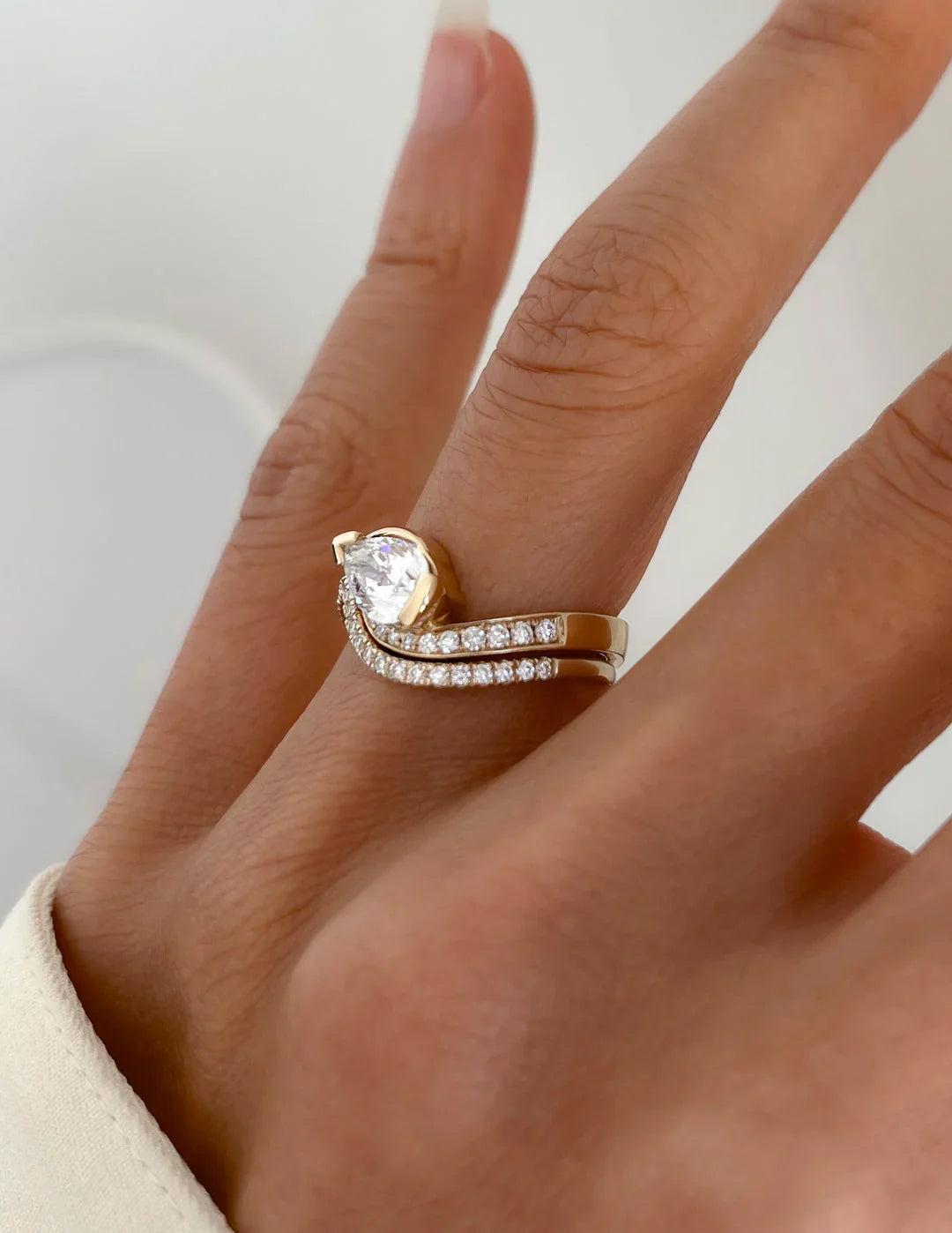 1.0CT Pear Lab Grown Diamond By Pass Unique Ring With Band