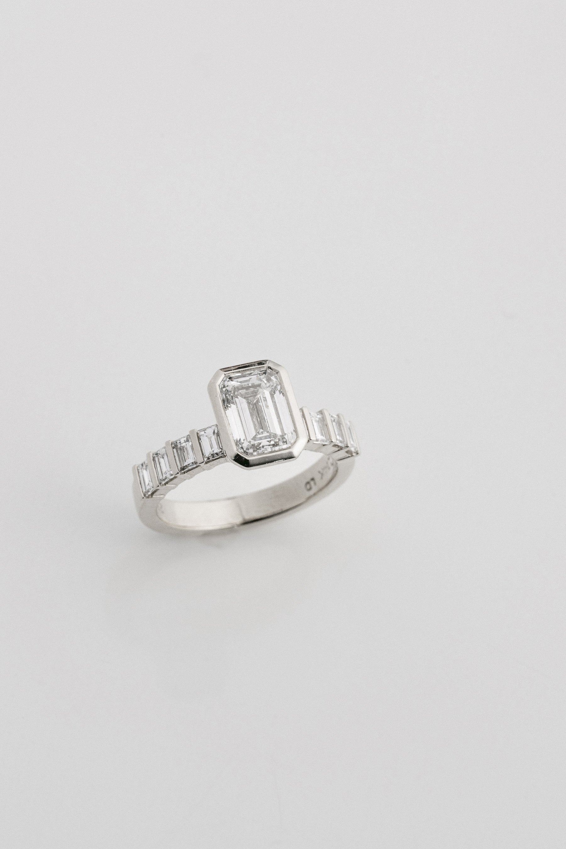 2.0CT Bezel Set Emerald Cut With Bar Set Baguette Lab Diamond 3mm Band Engagement Ring