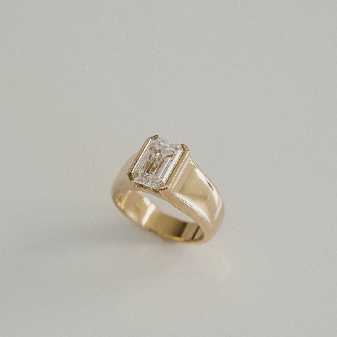 2.0CT Half Bezel Set Emerald Cut Lab Grown Diamond Signet Ring
