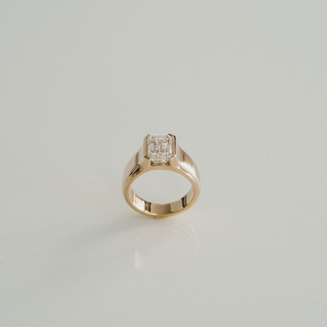 2.0CT Half Bezel Set Emerald Cut Lab Grown Diamond Signet Ring