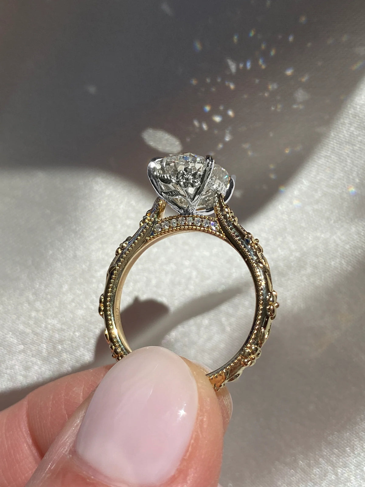 3.0CT Oval Lab Grown Diamond Intricate Floral Hidden Halo Engagement Ring