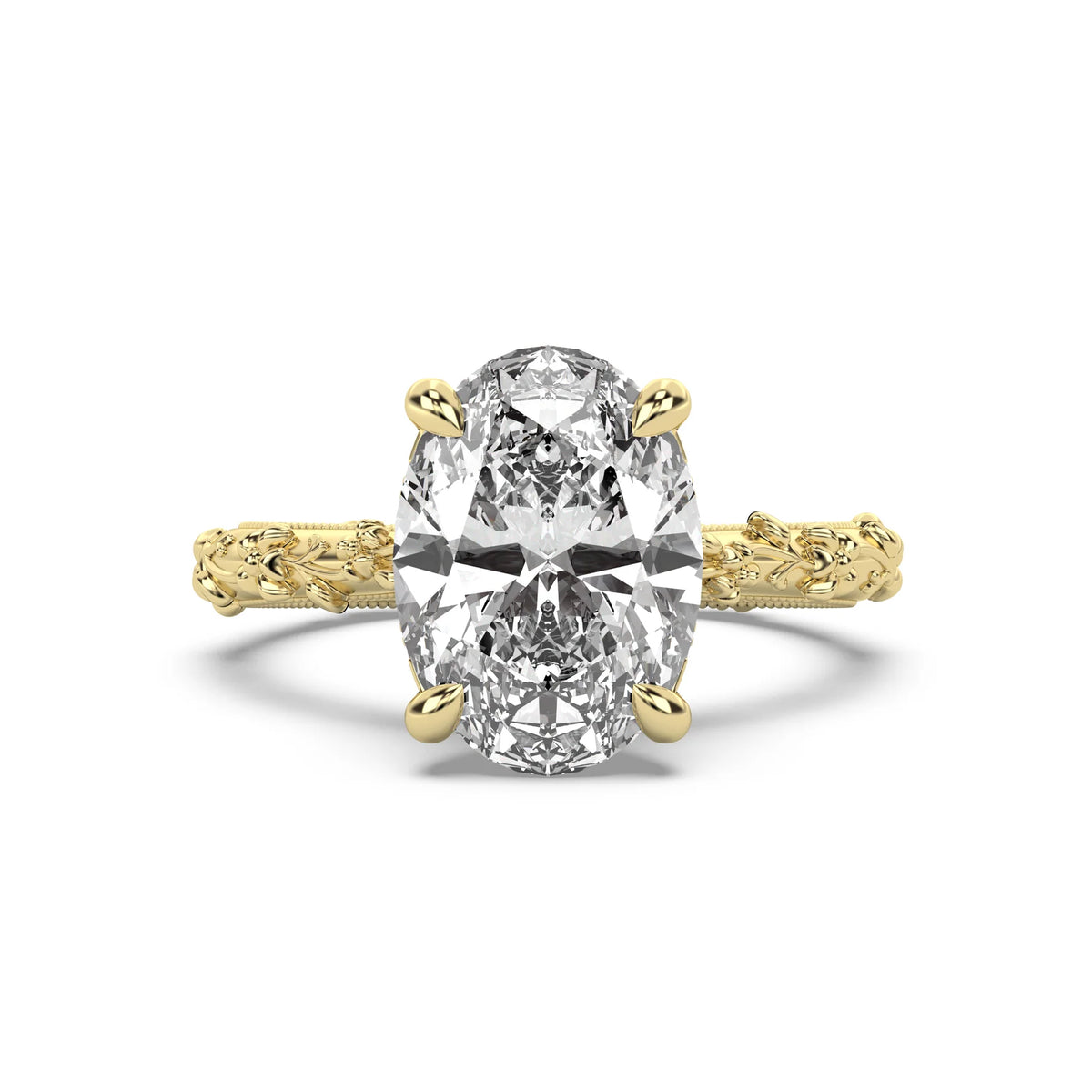 3.0CT Oval Lab Grown Diamond Intricate Floral Hidden Halo Engagement Ring