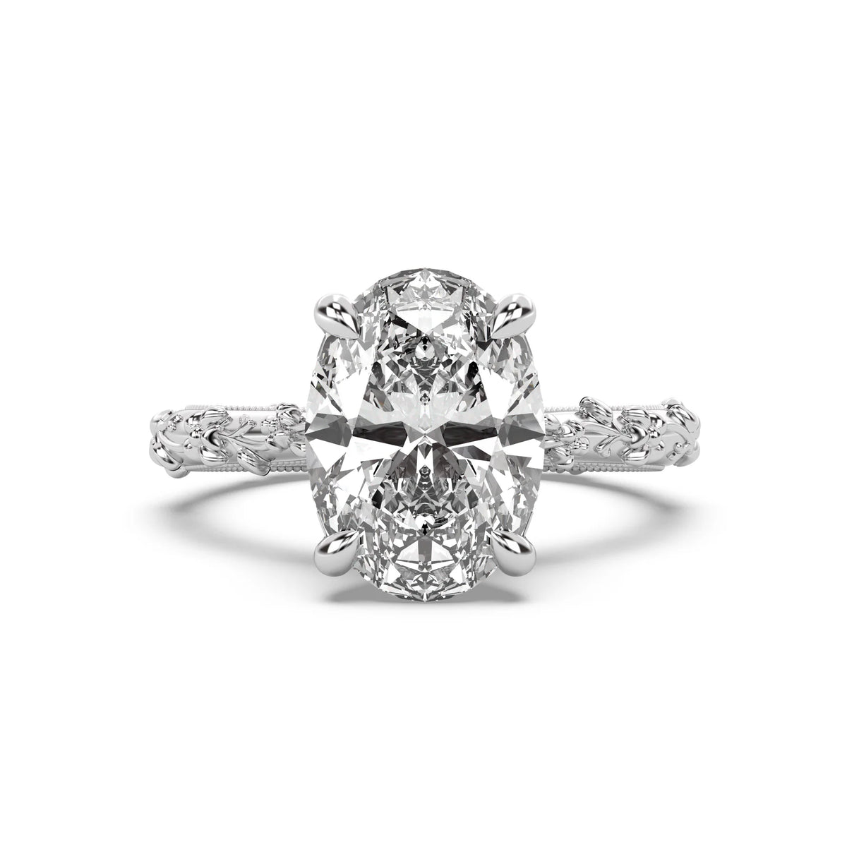 3.0CT Oval Lab Grown Diamond Intricate Floral Hidden Halo Engagement Ring