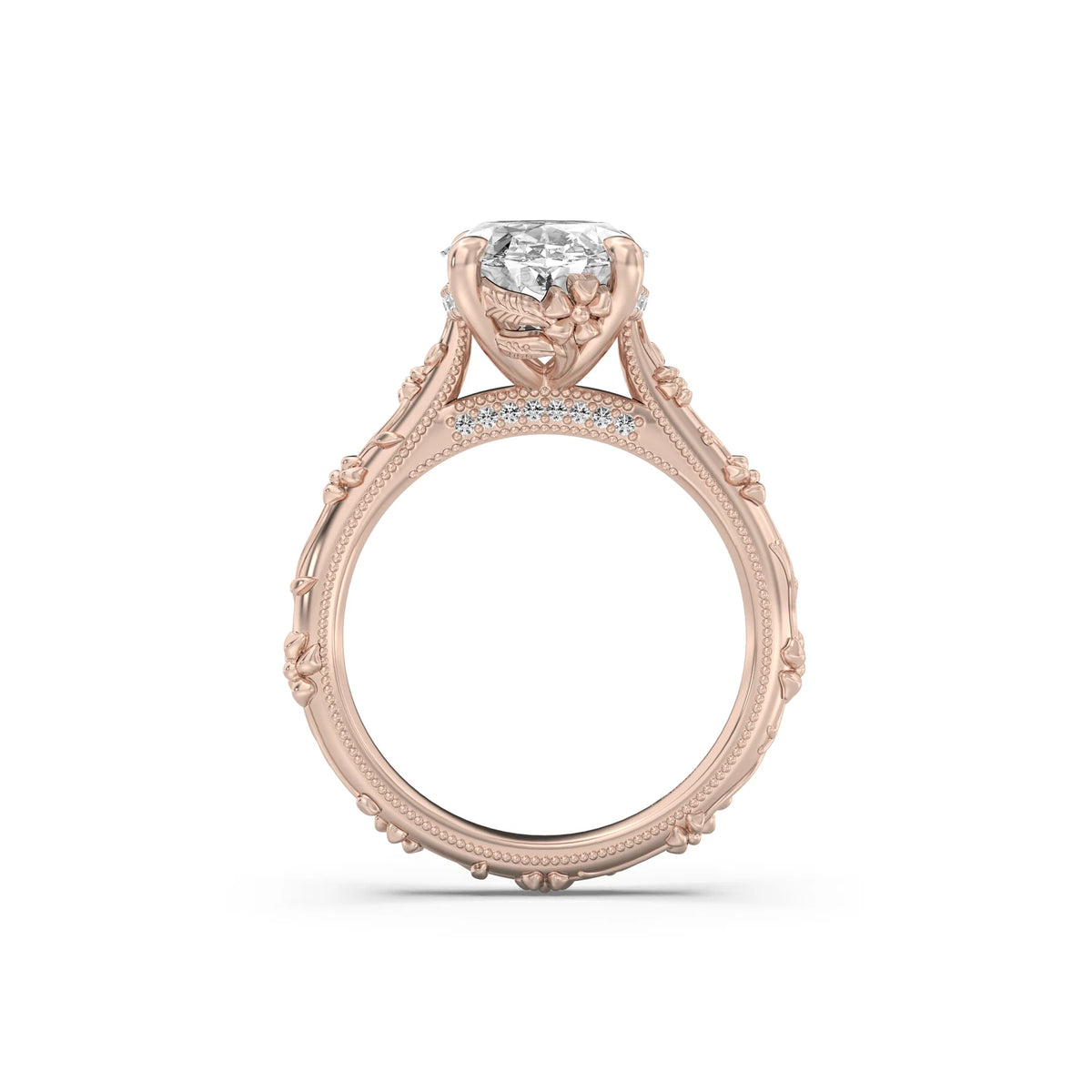 3.0CT Oval Lab Grown Diamond Intricate Floral Hidden Halo Engagement Ring