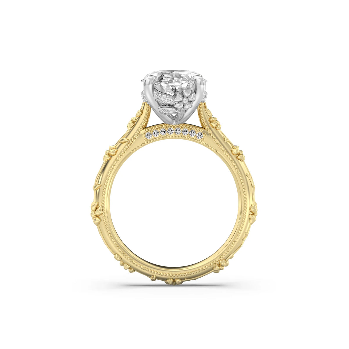 3.0CT Oval Lab Grown Diamond Intricate Floral Hidden Halo Engagement Ring
