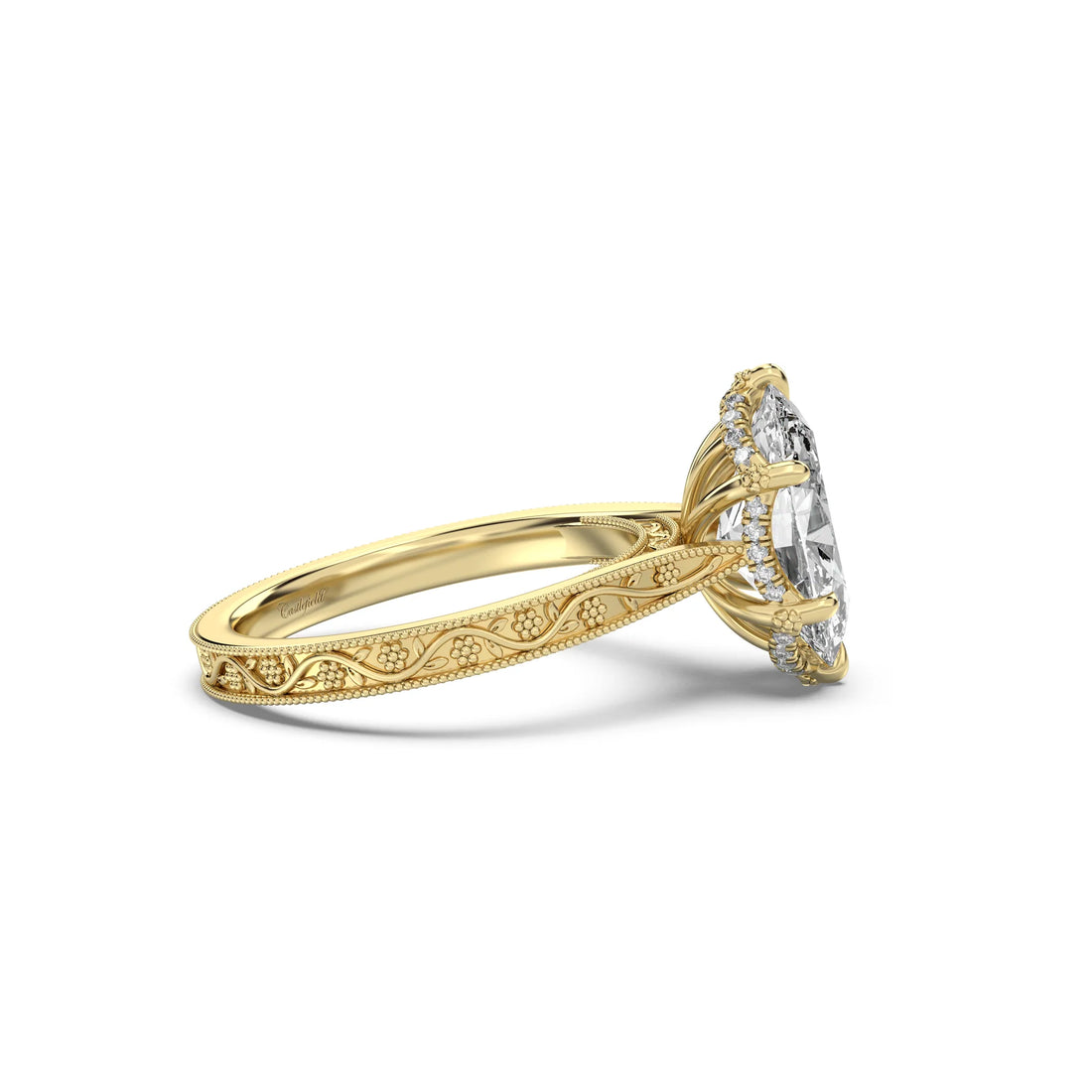 3.0CT Oval Lab Grown Diamond Floral Engraved Hidden Halo Engagement Ring