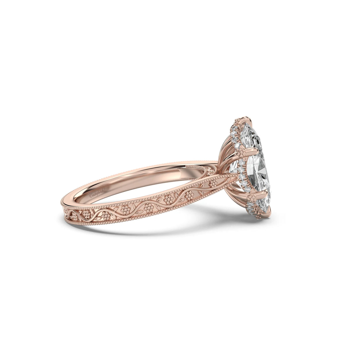3.0CT Oval Lab Grown Diamond Floral Engraved Hidden Halo Engagement Ring