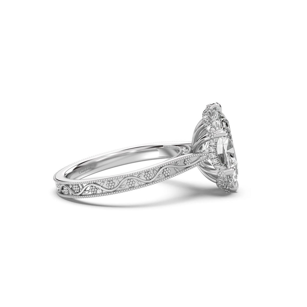 3.0CT Oval Lab Grown Diamond Floral Engraved Hidden Halo Engagement Ring