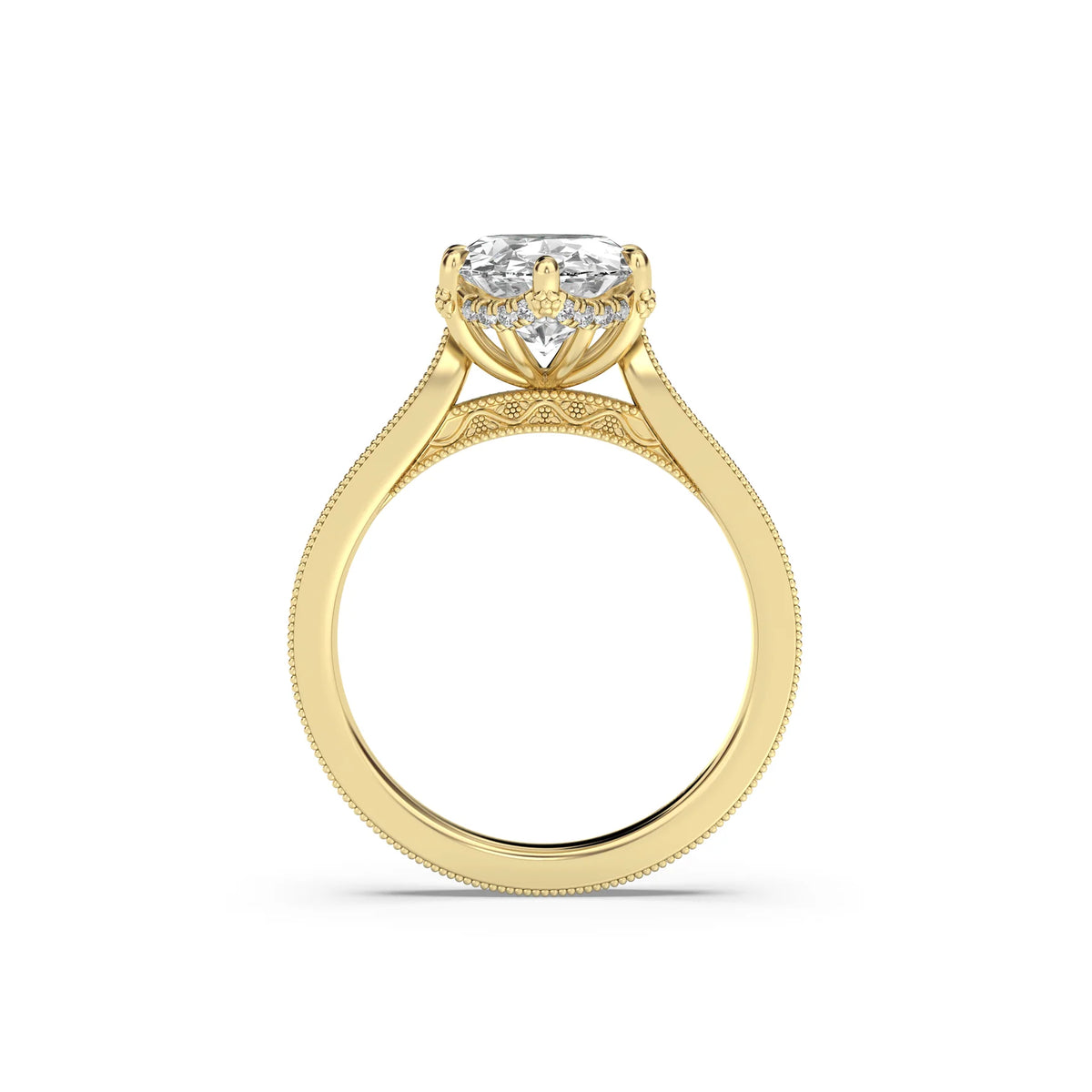 3.0CT Oval Lab Grown Diamond Floral Engraved Hidden Halo Engagement Ring