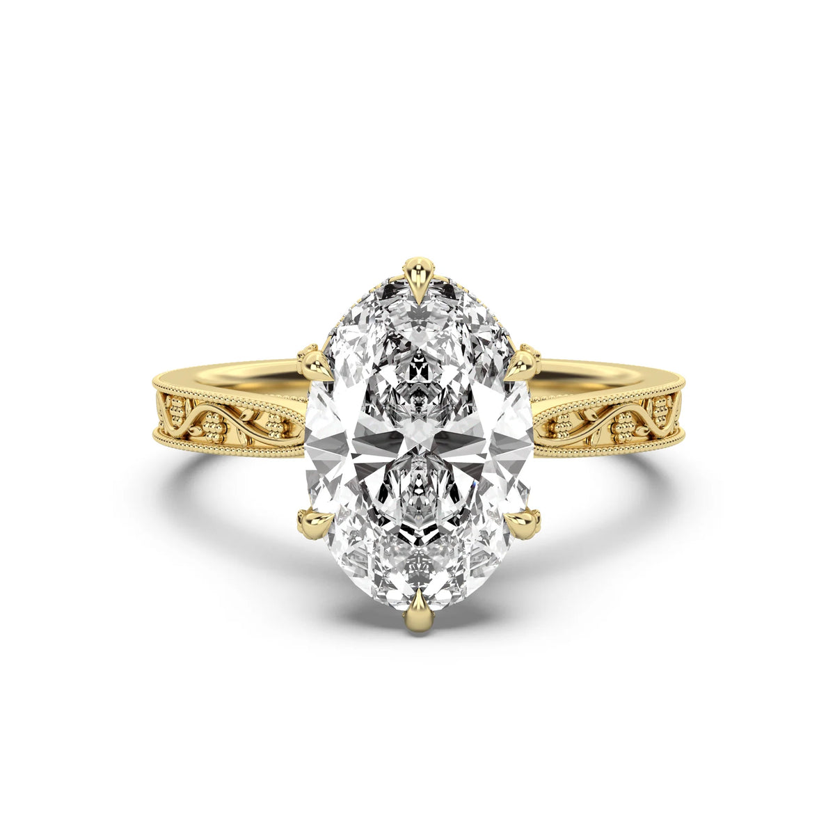 3.0CT Oval Lab Grown Diamond Floral Engraved Hidden Halo Engagement Ring