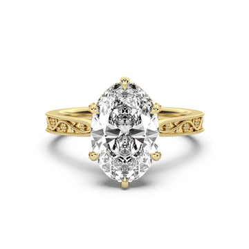 3.0CT Oval Lab Grown Diamond Floral Engraved Hidden Halo Engagement Ring