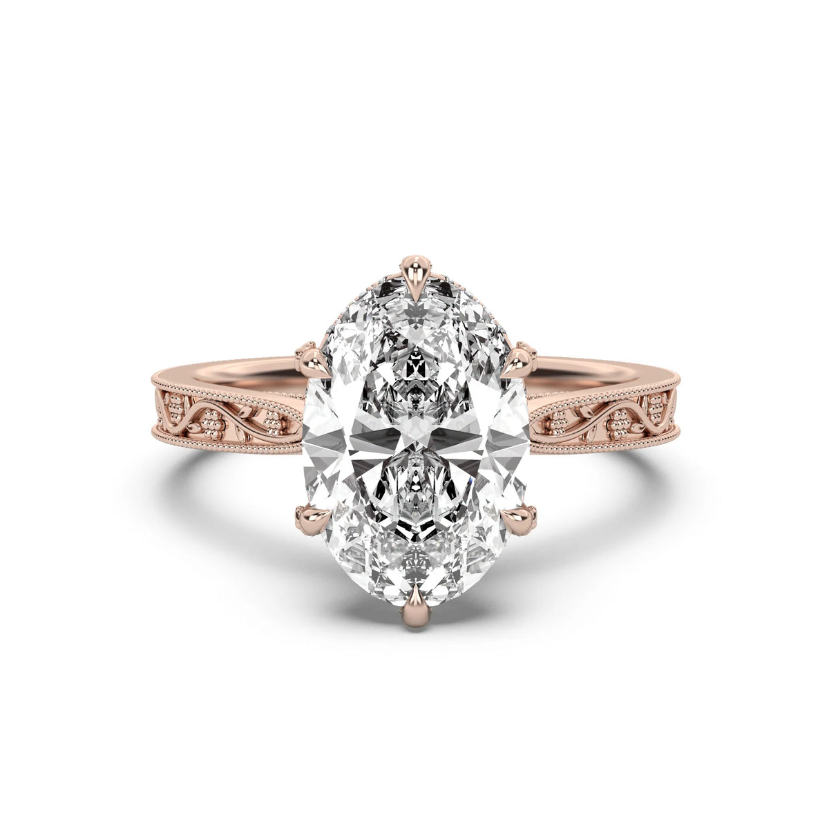 3.0CT Oval Lab Grown Diamond Floral Engraved Hidden Halo Engagement Ring