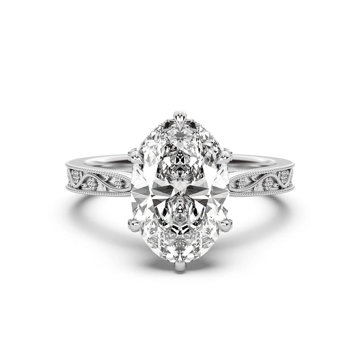 3.0CT Oval Lab Grown Diamond Floral Engraved Hidden Halo Engagement Ring