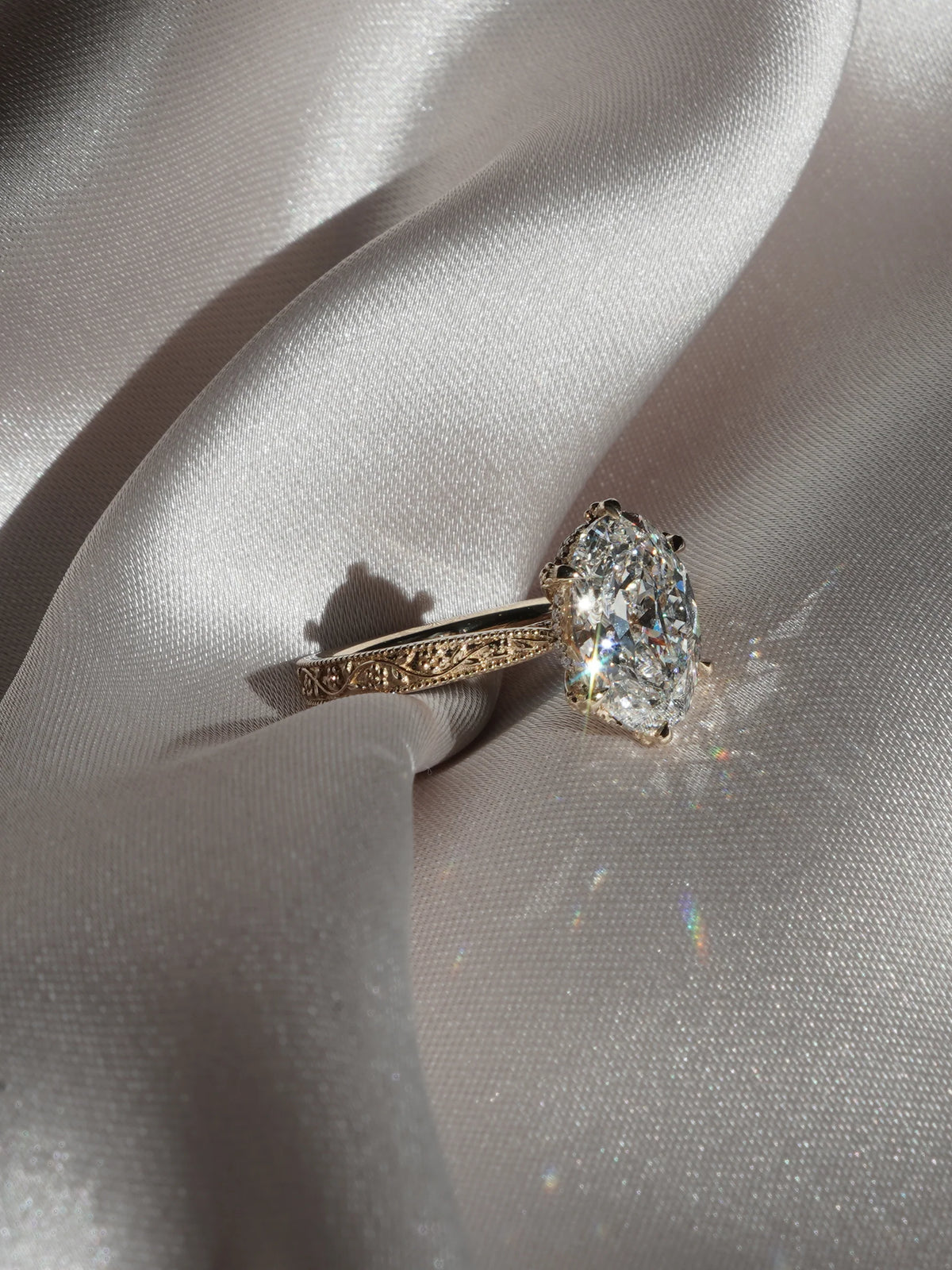 3.0CT Oval Lab Grown Diamond Floral Engraved Hidden Halo Engagement Ring