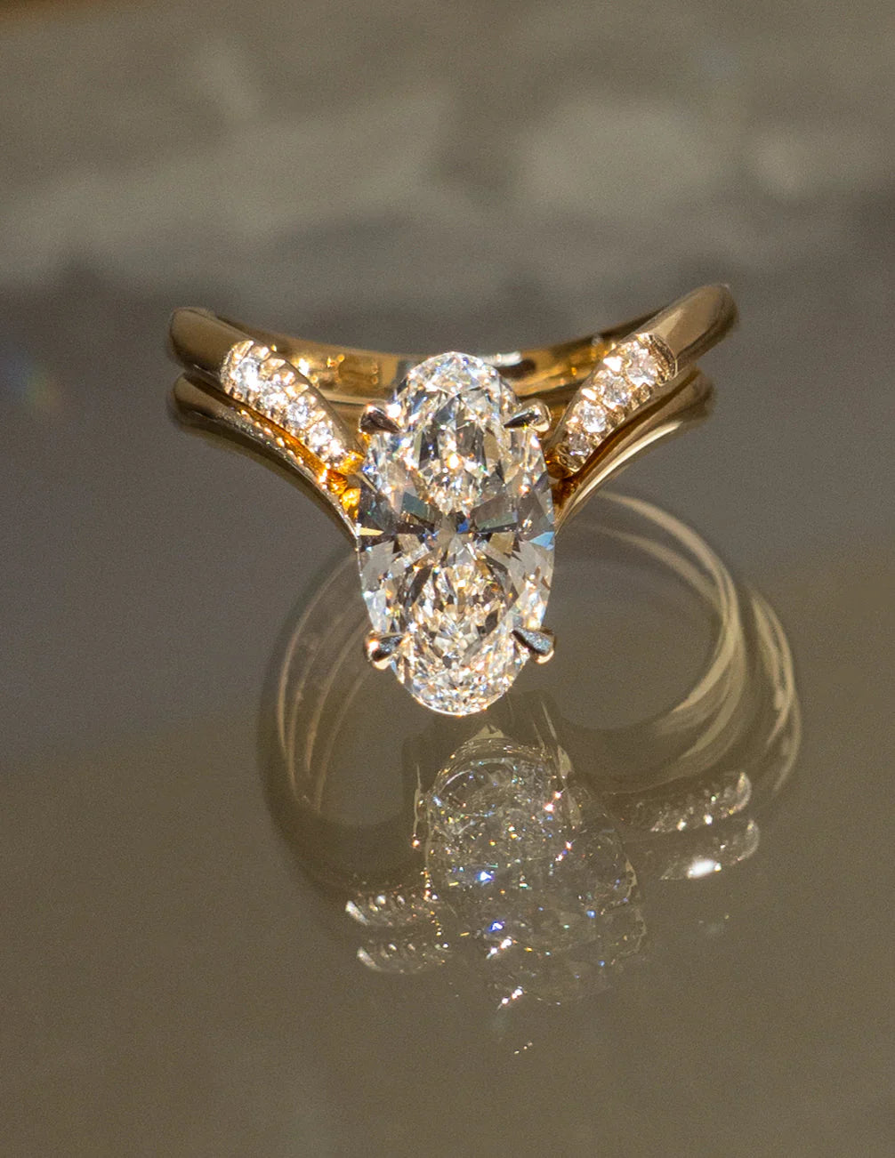 2.0CT Oval Lab Grown Diamond Unique Ring With Open Cuff Diamond Band