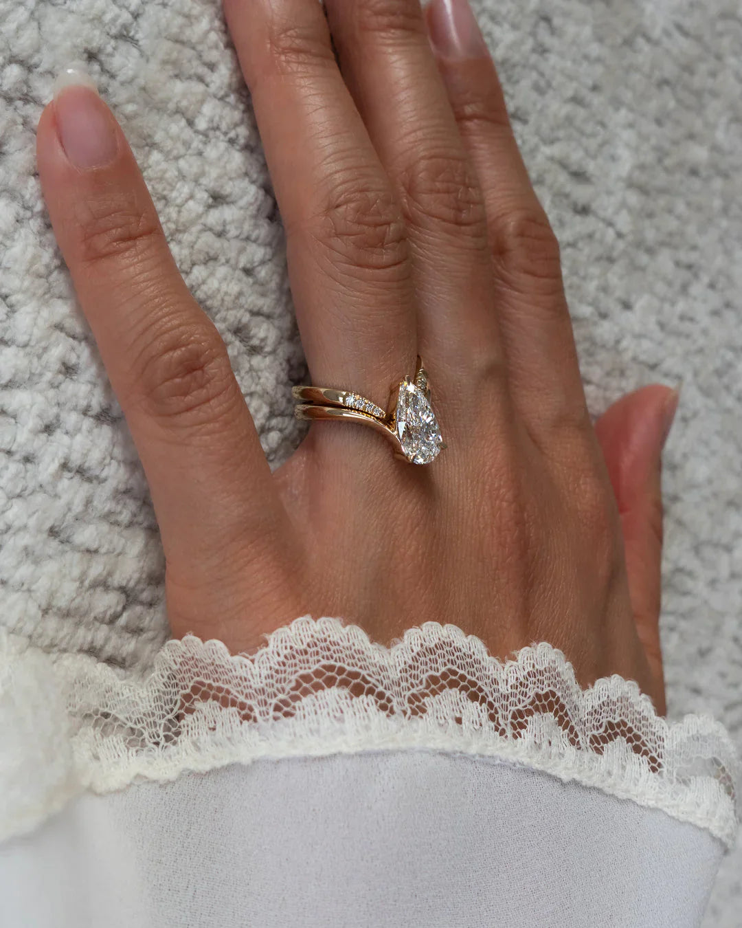 2.0CT Pear Lab Grown Diamond Unique Ring With Open Cuff Band