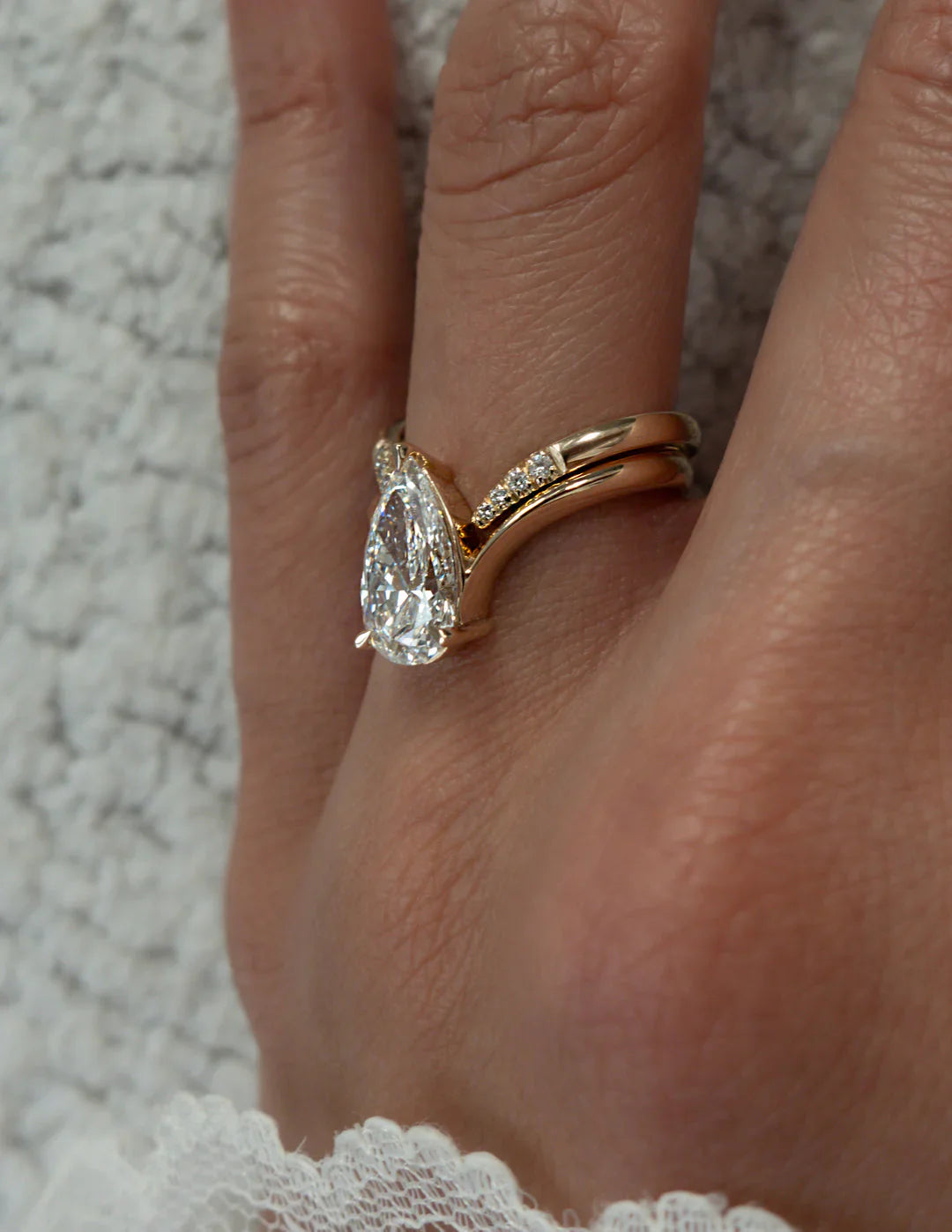 2.0CT Pear Lab Grown Diamond Unique Ring With Open Cuff Band