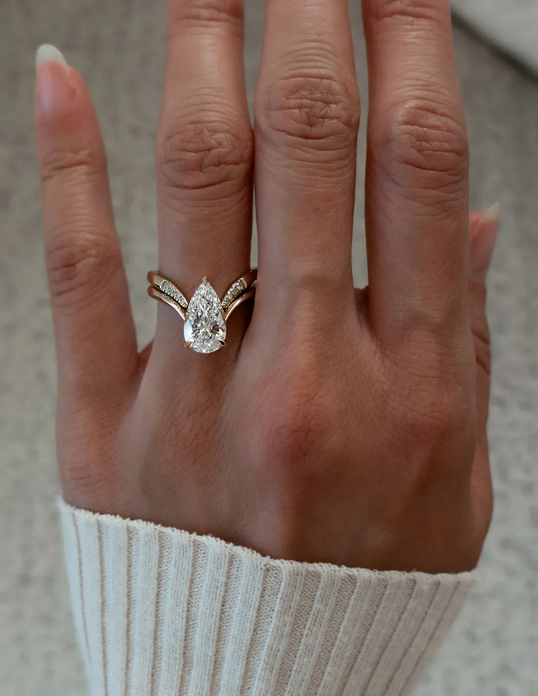 2.0CT Pear Lab Grown Diamond Unique Ring With Open Cuff Band