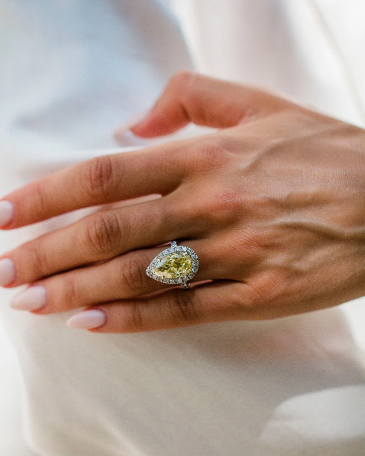 5.50CT Fancy Vivid Yellow Pear Shaped Lab Grown Diamond Halo Engagement Ring