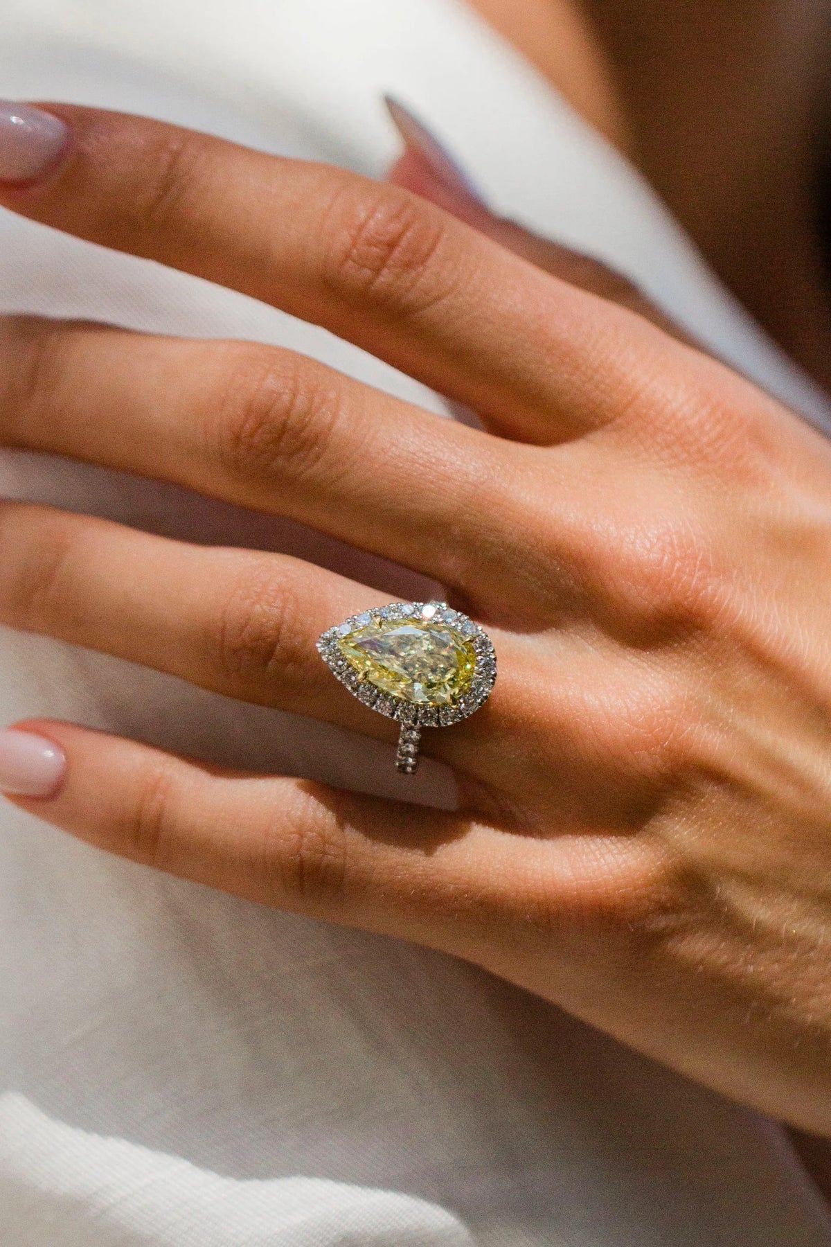 5.50CT Fancy Vivid Yellow Pear Shaped Lab Grown Diamond Halo Engagement Ring
