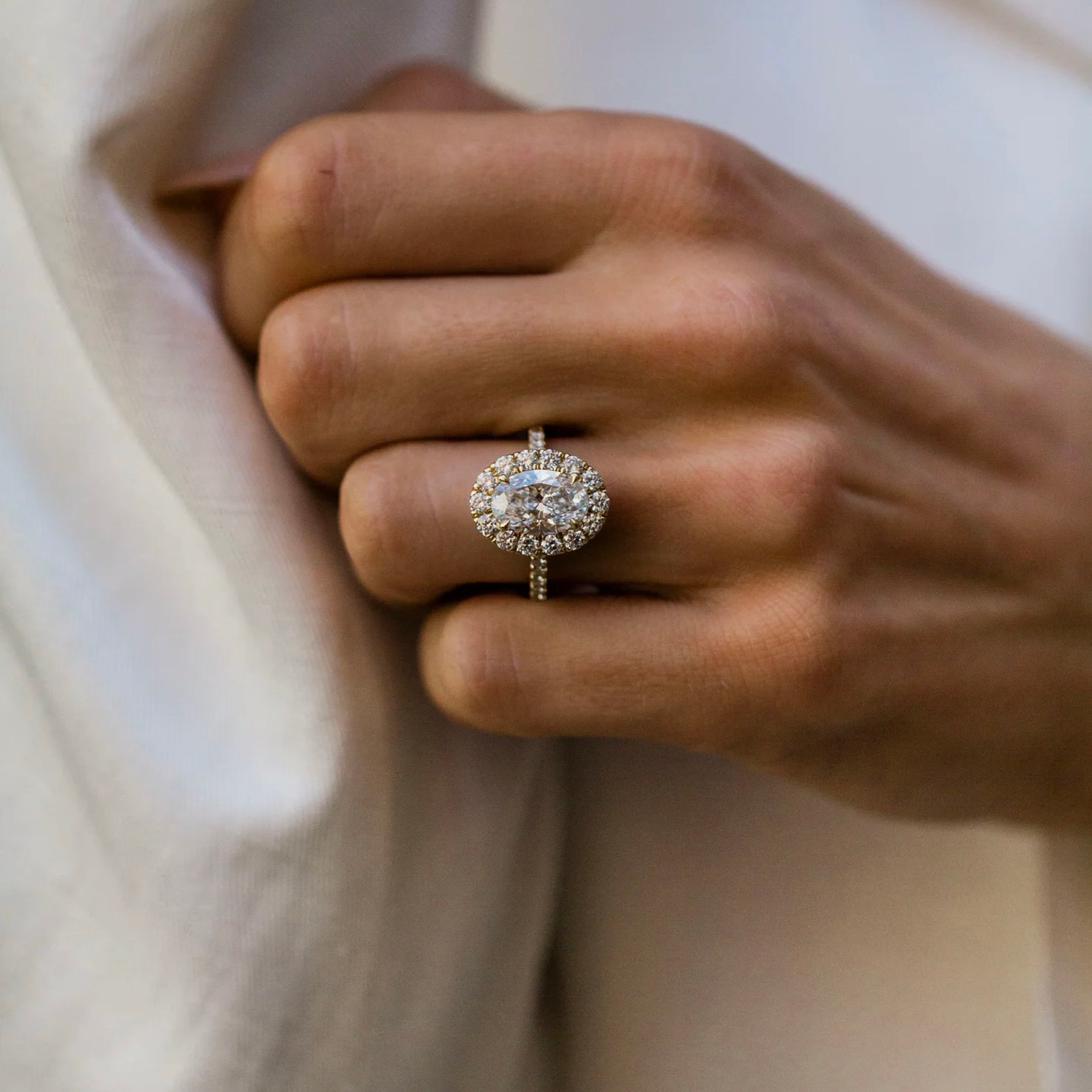 1.0CT-3.0CT Oval Lab Grown Diamond Halo Pave Engagement Ring