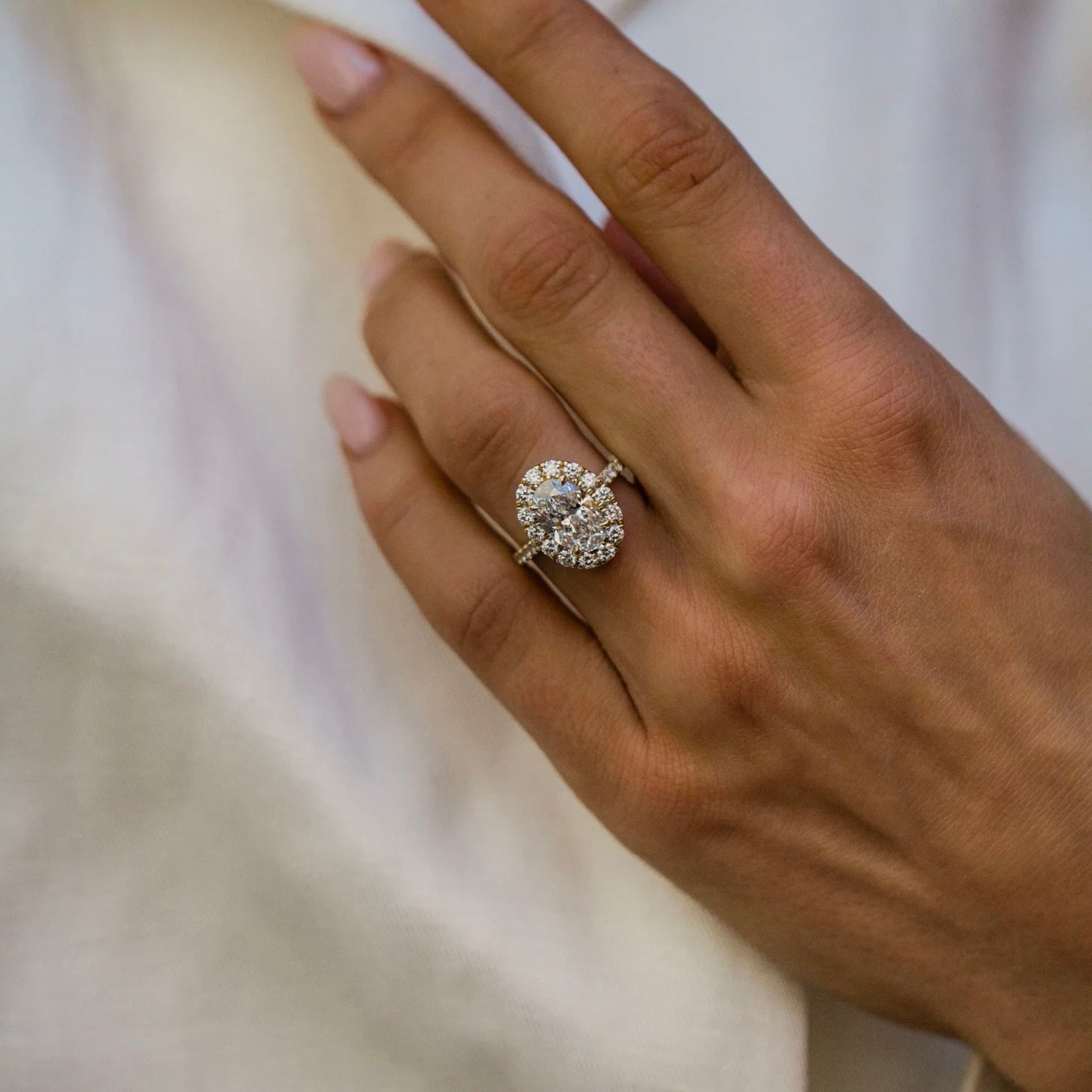 1.0CT-3.0CT Oval Lab Grown Diamond Halo Pave Engagement Ring