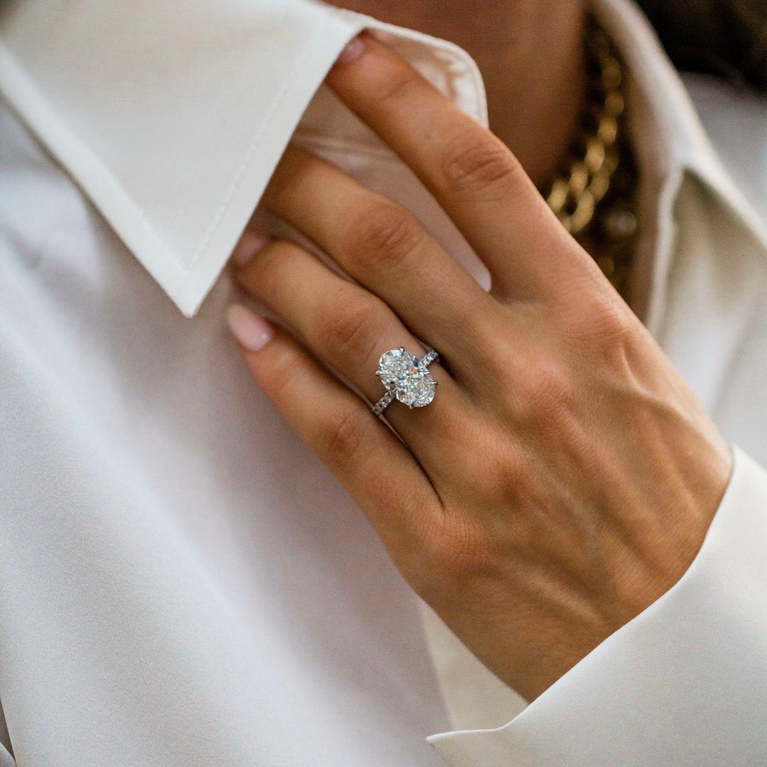 3.0CT-5.0CT Oval Lab Grown Diamond Hidden Halo Pave Engagement Ring