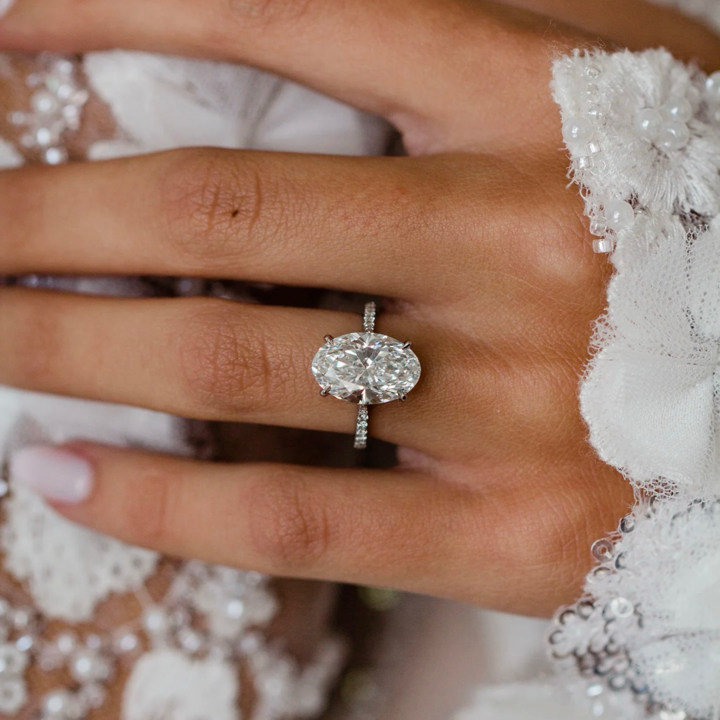 3.0CT-5.0CT Oval Lab Grown Diamond Pave Engagement Ring