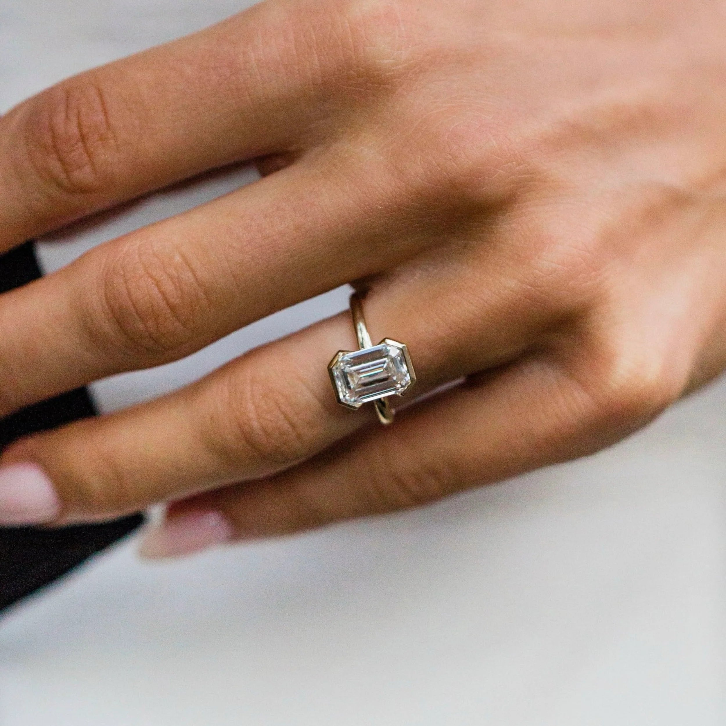 1.0CT-3.0CT Half Bezel Set Emerald Cut Lab Grown Diamond Solitaire Engagement Ring