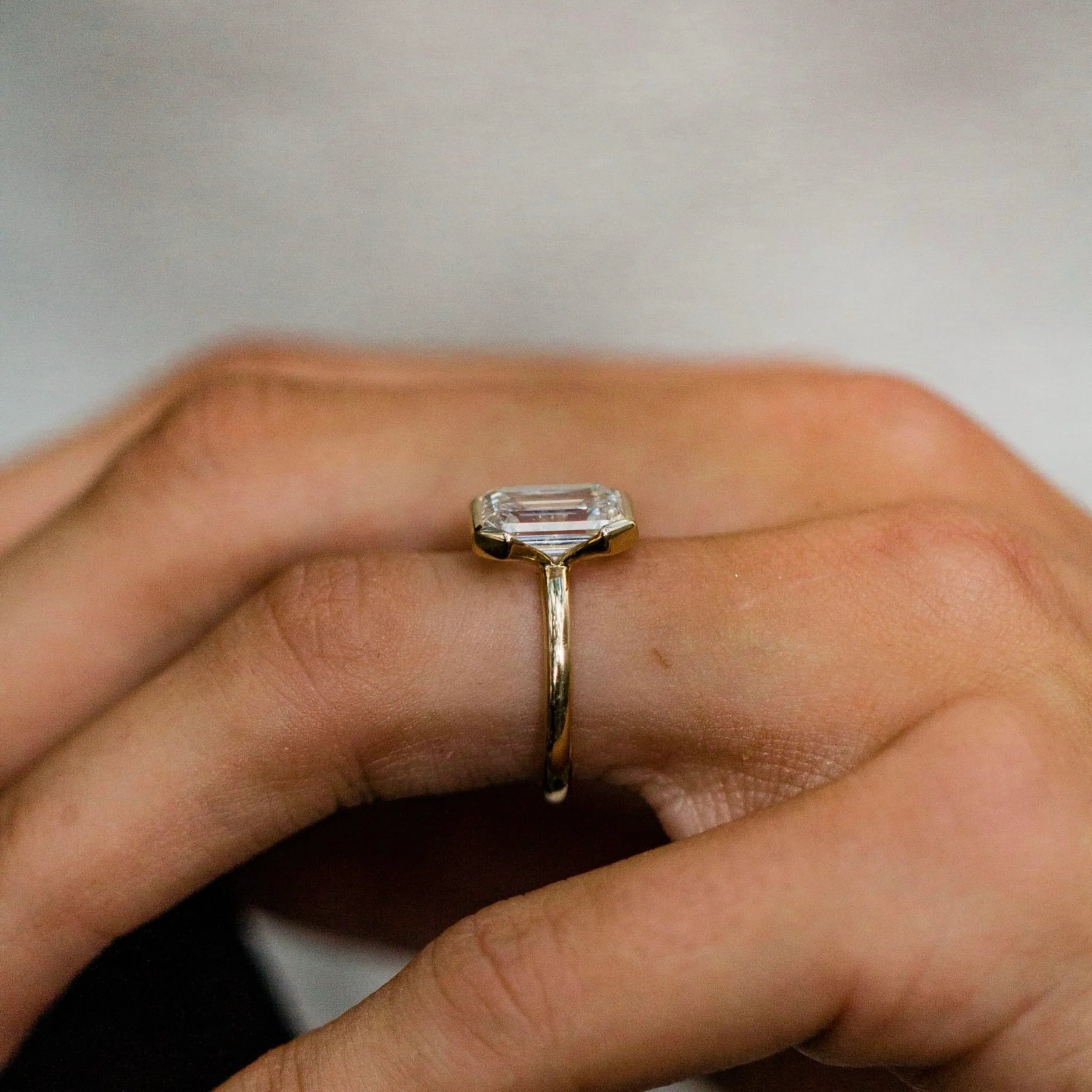 1.0CT-3.0CT Half Bezel Set Emerald Cut Lab Grown Diamond Solitaire Engagement Ring