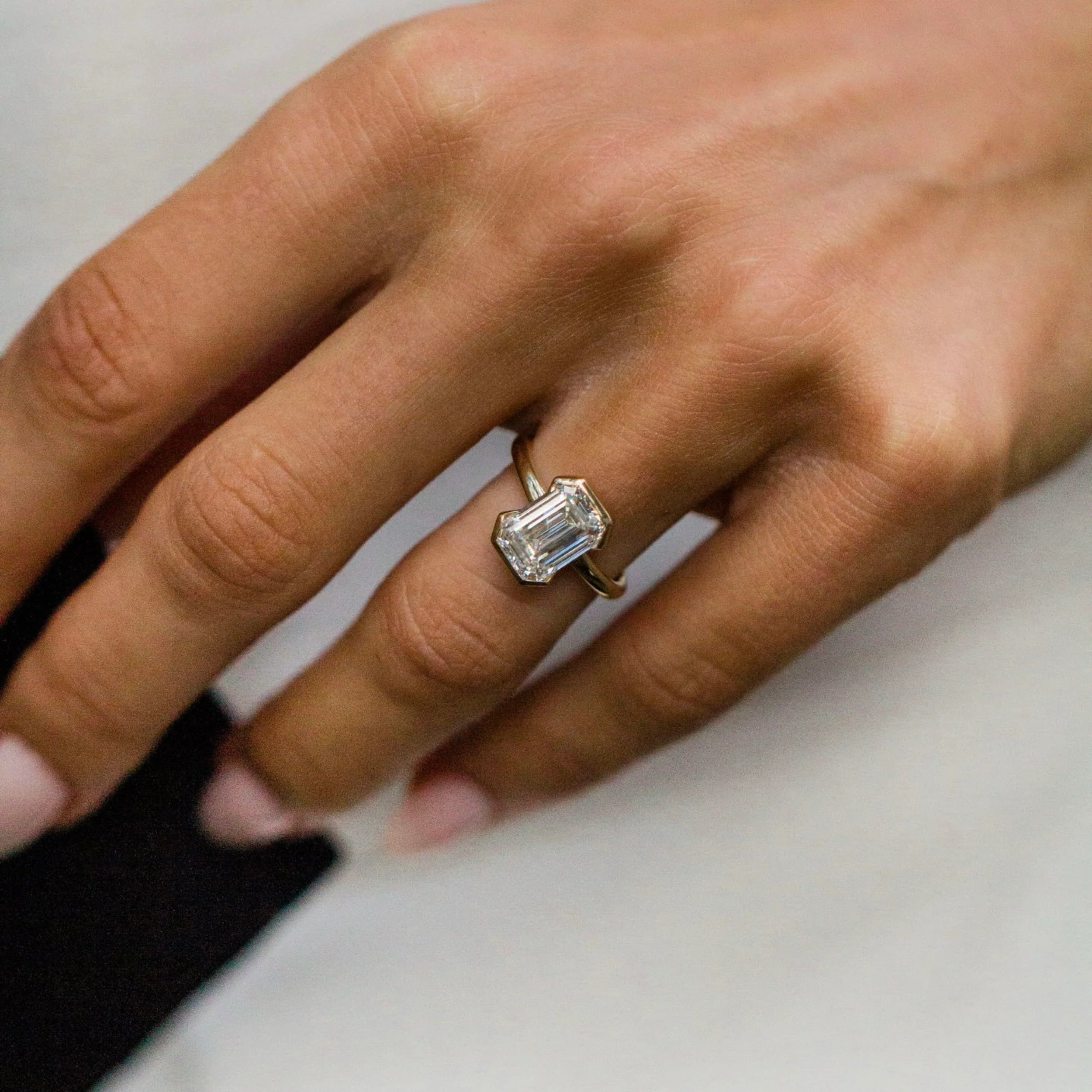 1.0CT-3.0CT Half Bezel Set Emerald Cut Lab Grown Diamond Solitaire Engagement Ring