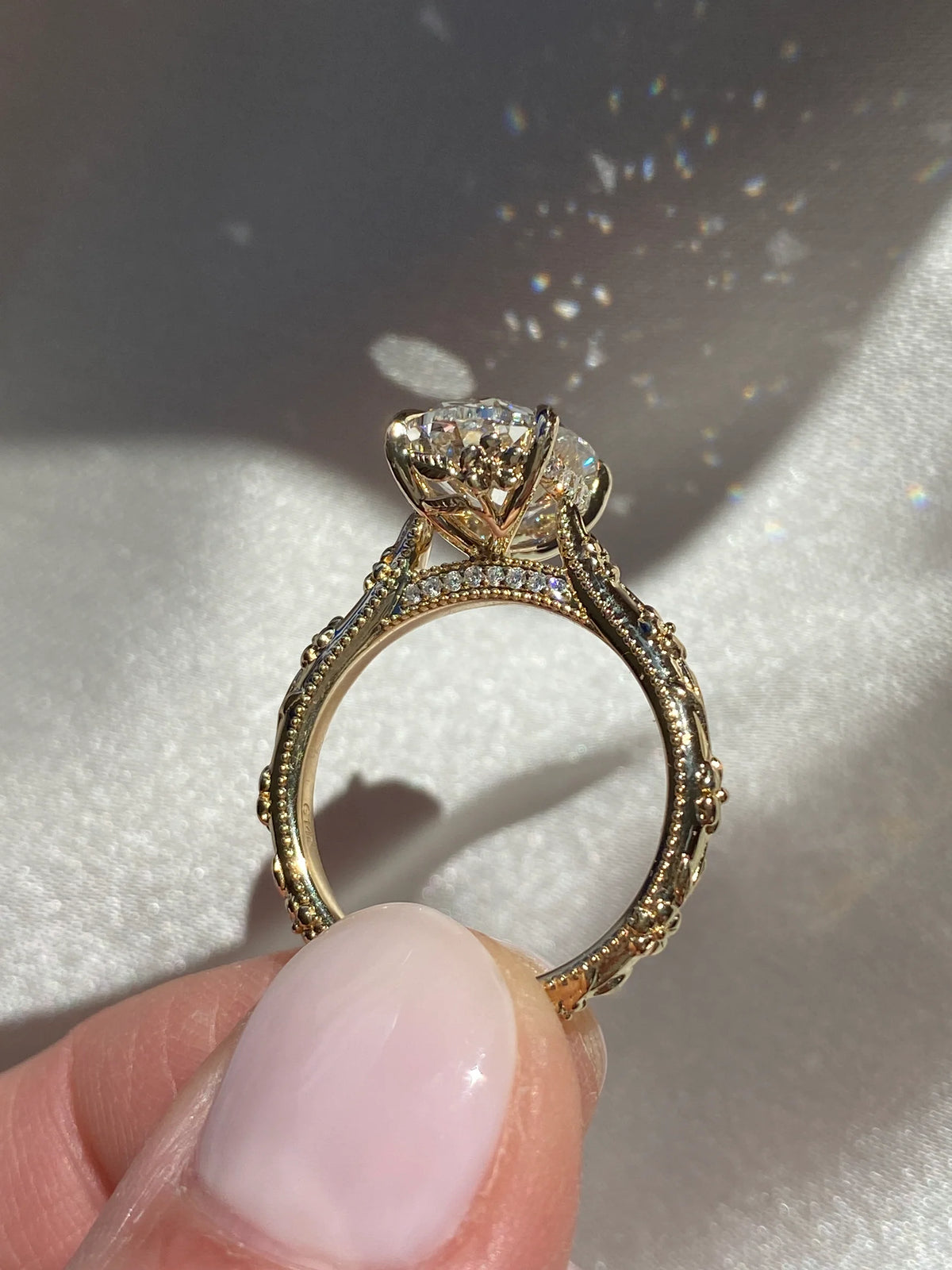 3.0CT Oval Lab Grown Diamond Intricate Floral Hidden Halo Engagement Ring