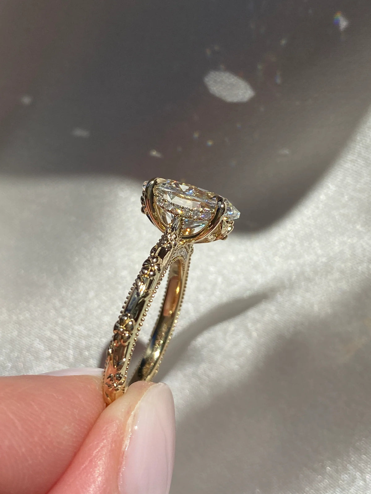 3.0CT Oval Lab Grown Diamond Intricate Floral Hidden Halo Engagement Ring