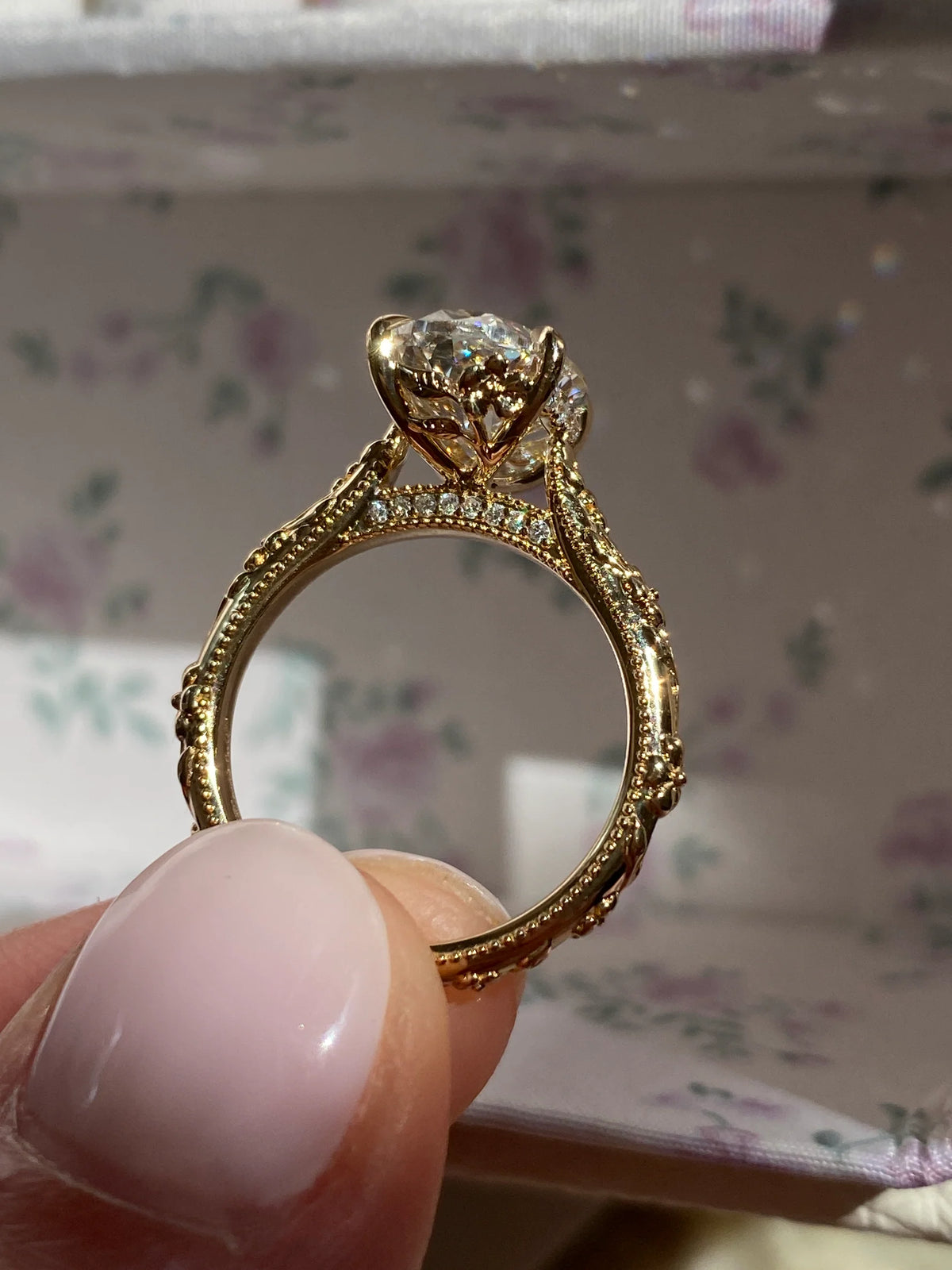 3.0CT Oval Lab Grown Diamond Intricate Floral Hidden Halo Engagement Ring