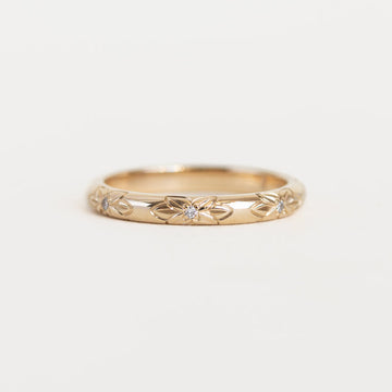 Floral Engraved Flush Set Round Lab Grown Diamond Wedding Band