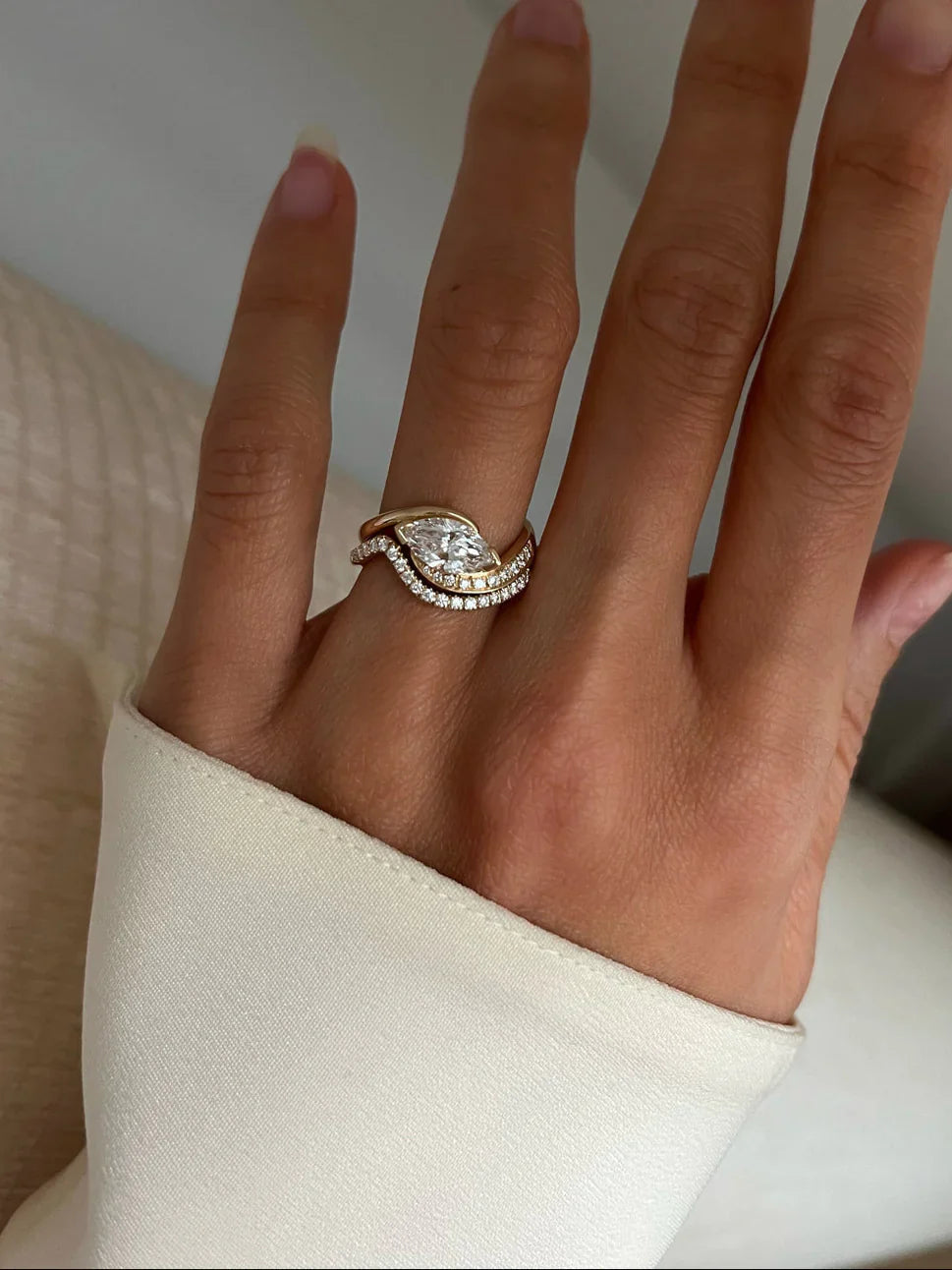 1.0CT Marquise Lab Grown Diamond By Pass Unique Ring With Band