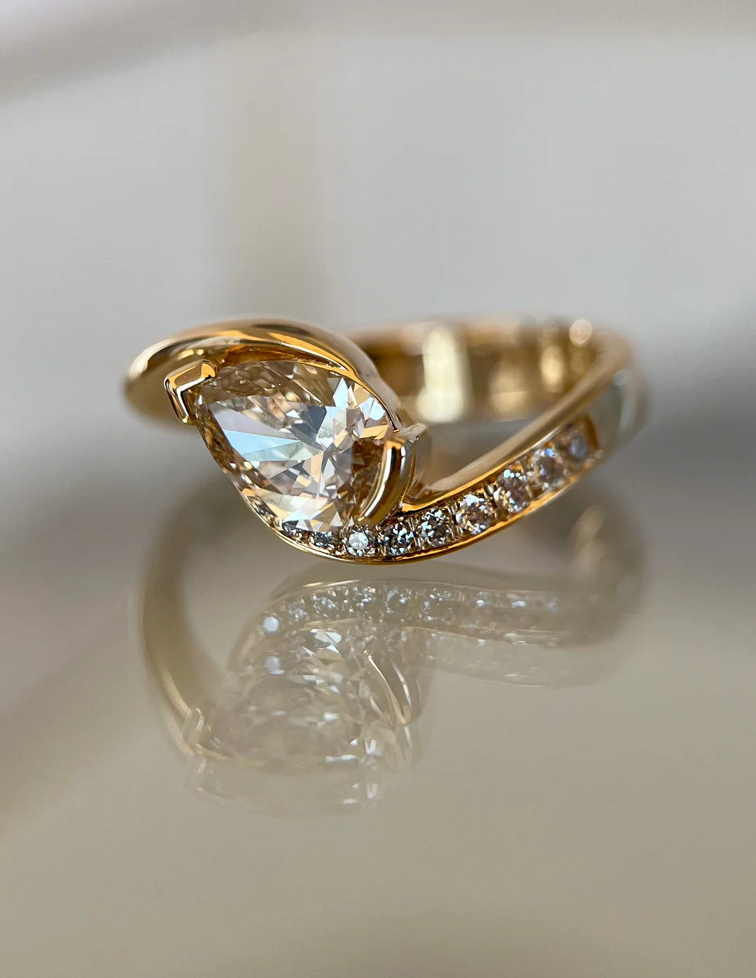 1.0CT Champagne Pear Lab Grown Diamond Pave Unique Ring