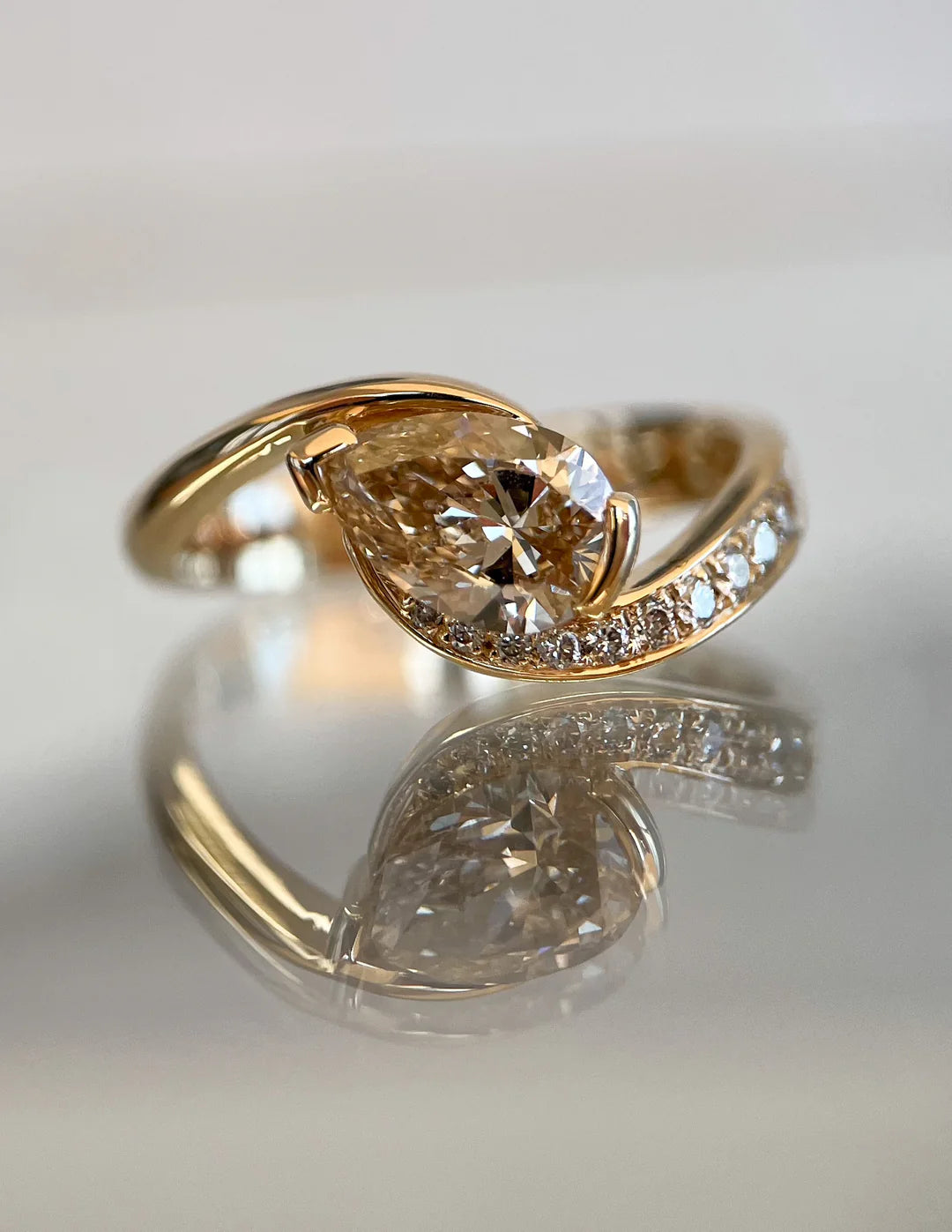 1.0CT Champagne Pear Lab Grown Diamond Pave Unique Ring