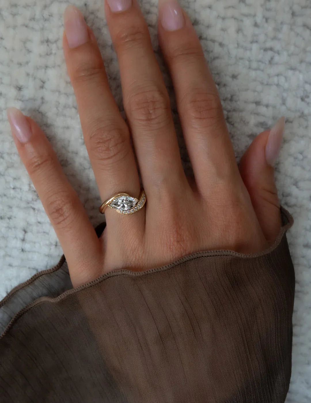 1.0CT Half Bezel Set Marquise Lab Grown Diamond Unique Ring With Band